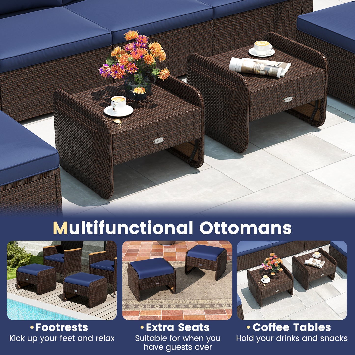 PE Wicker Ottomans Set of 2 with Removable Cushions
