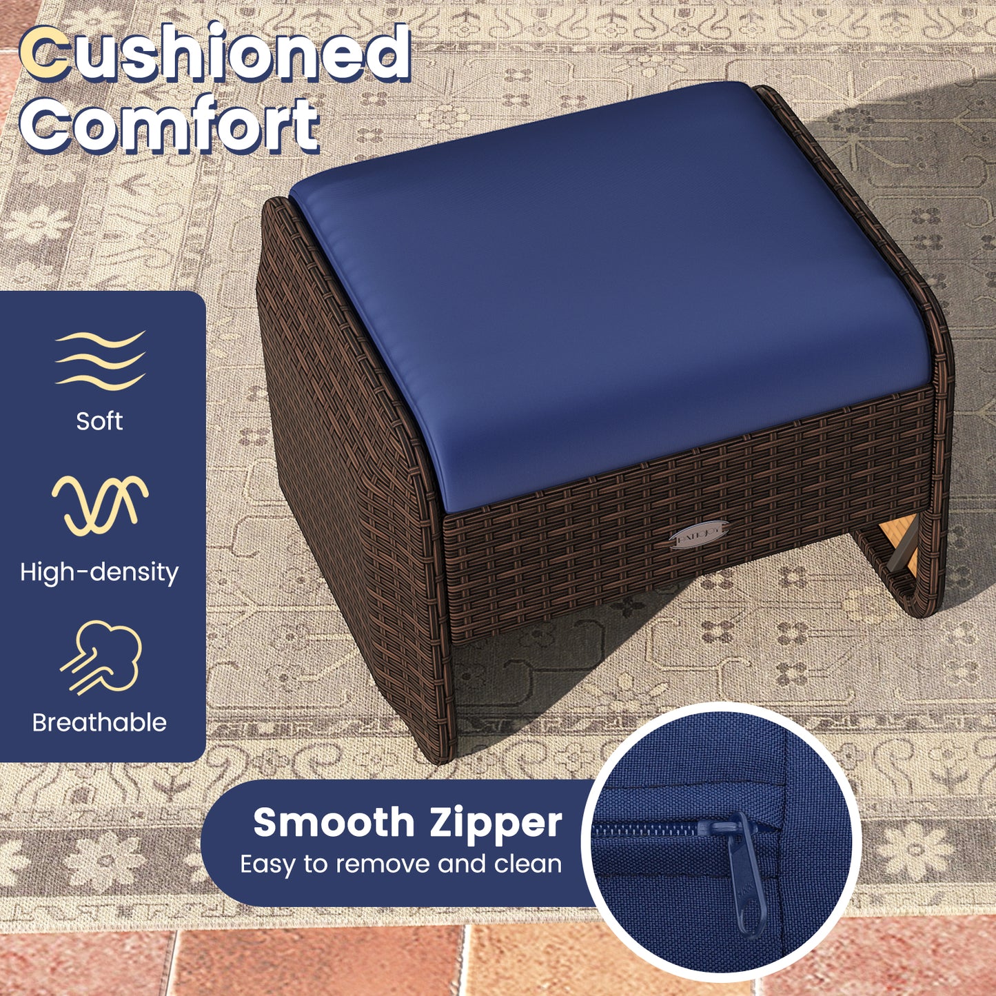 PE Wicker Ottomans Set of 2 with Removable Cushions