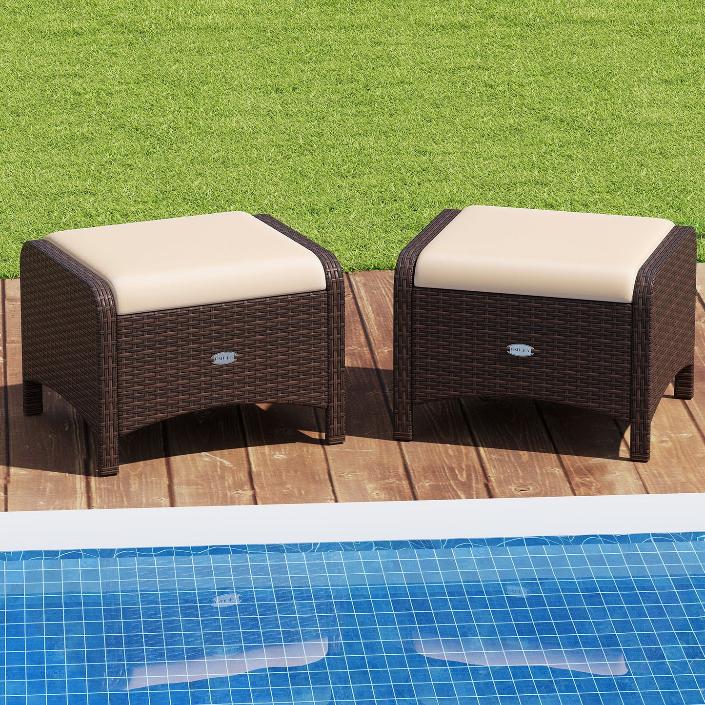 PE Wicker Ottomans Set of 2 with Removable Cushions