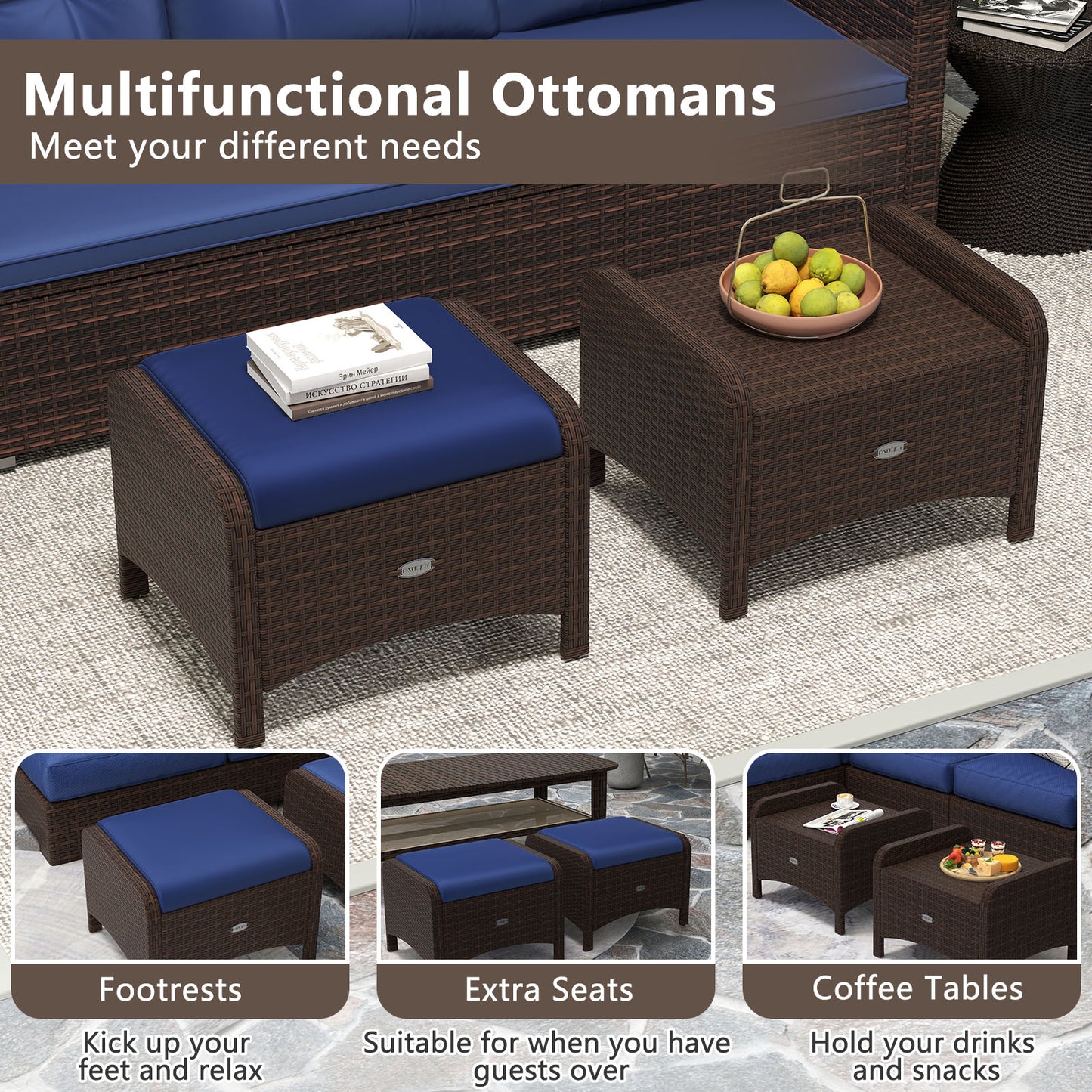 PE Wicker Ottomans Set of 2 with Removable Cushions