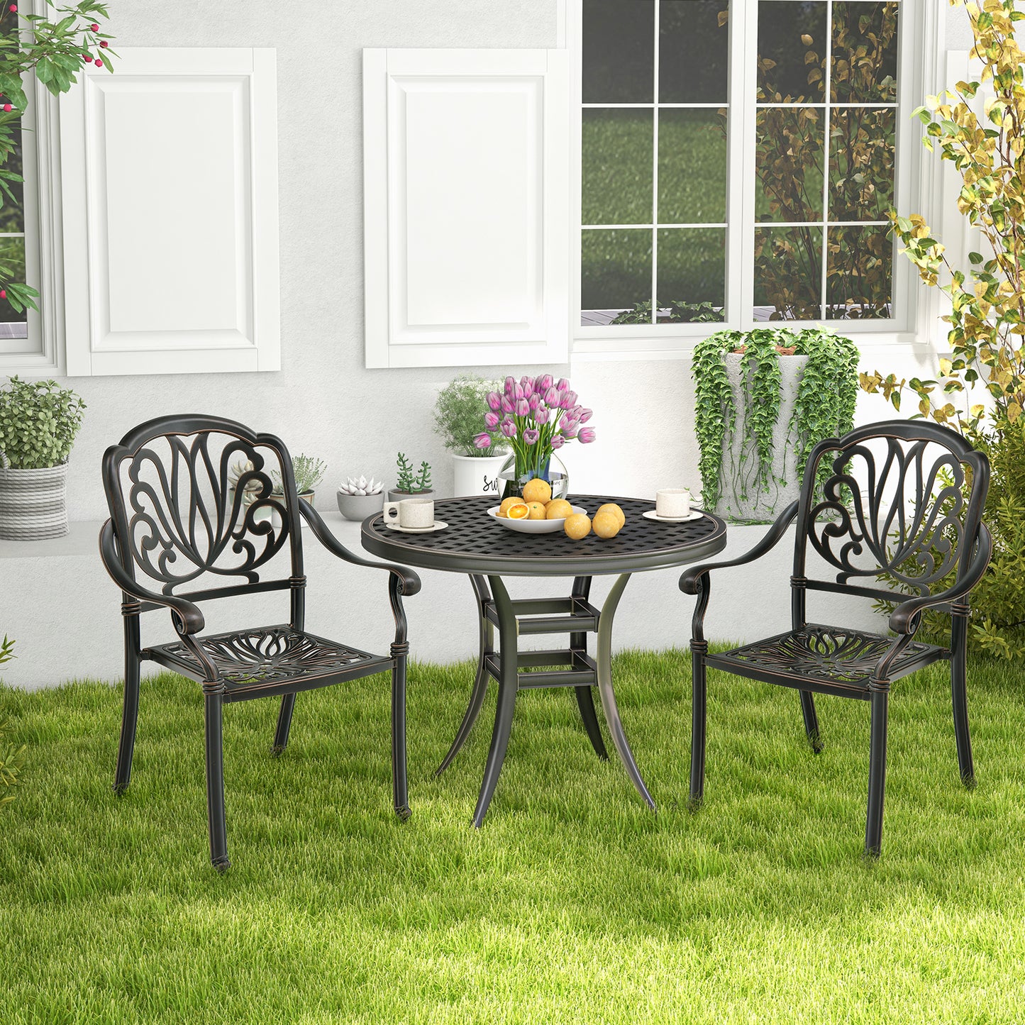 Cast Aluminum Patio Dining Chairs with Armrests - Set of 2