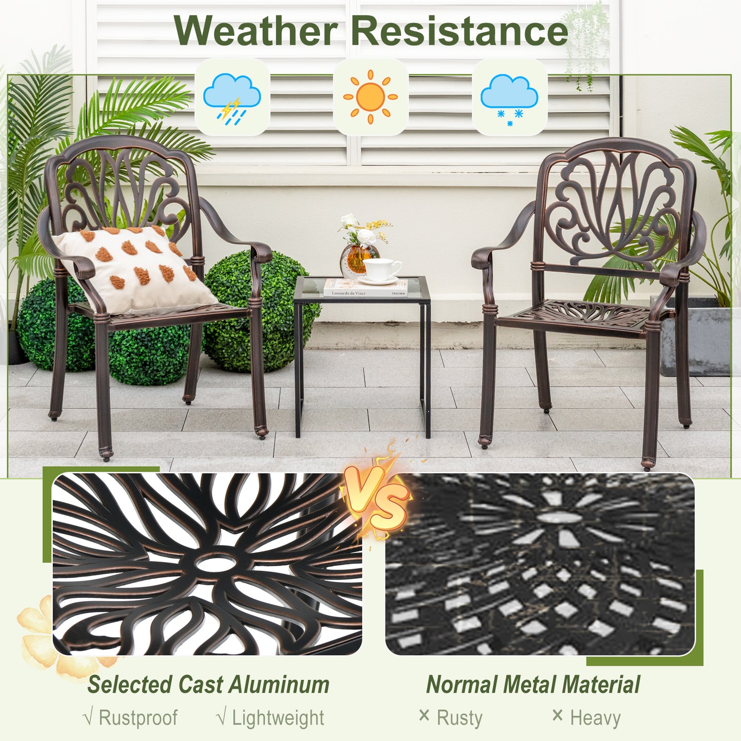 Cast Aluminum Patio Dining Chairs with Armrests - Set of 2