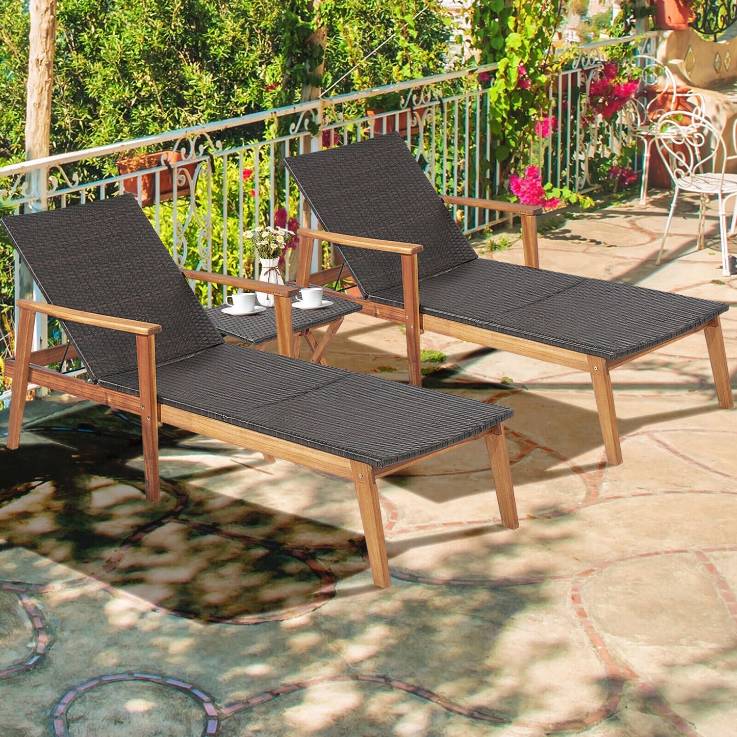 Adjustable Chaise Lounge with Side Table Set - Acacia Wood