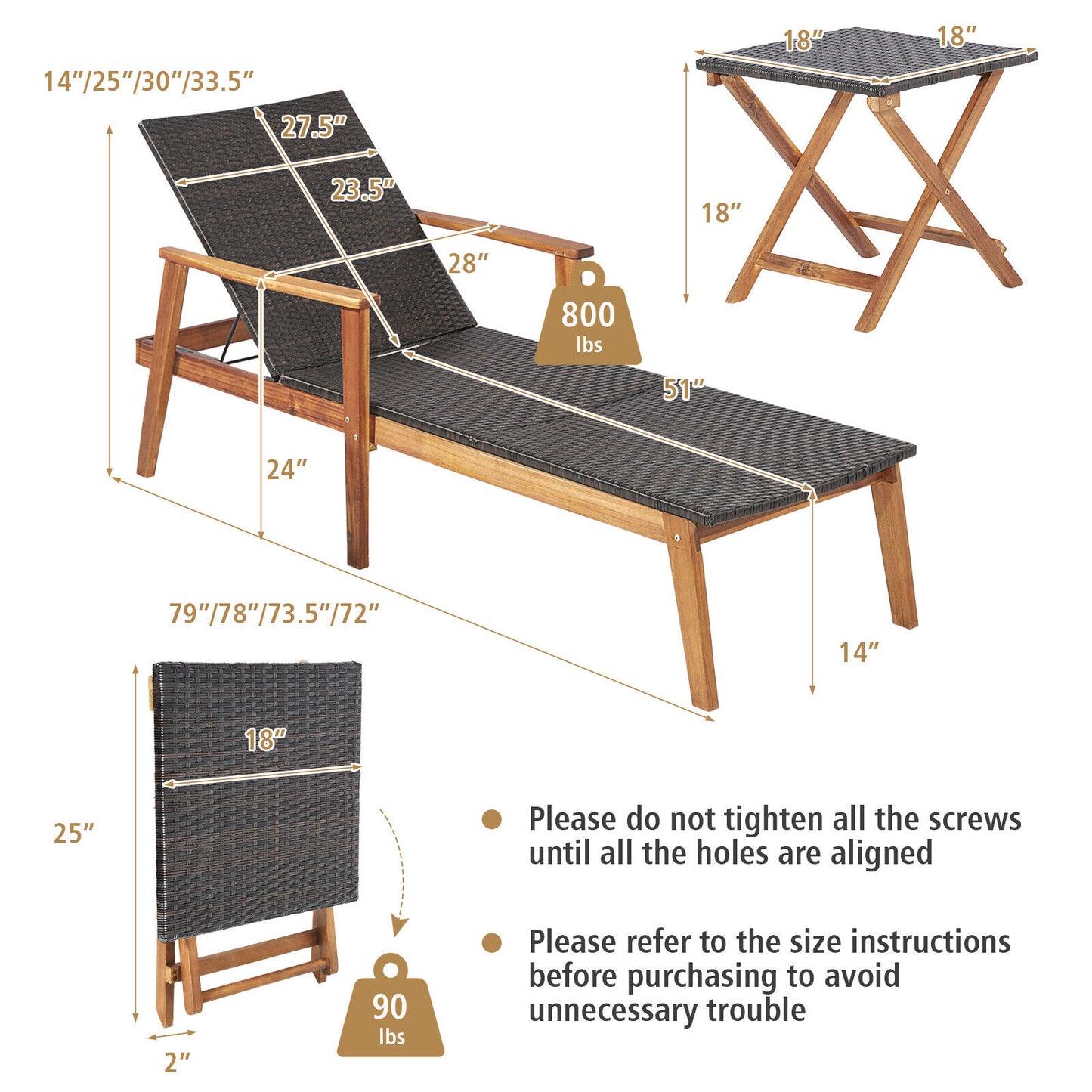 Adjustable Chaise Lounge with Side Table Set - Acacia Wood