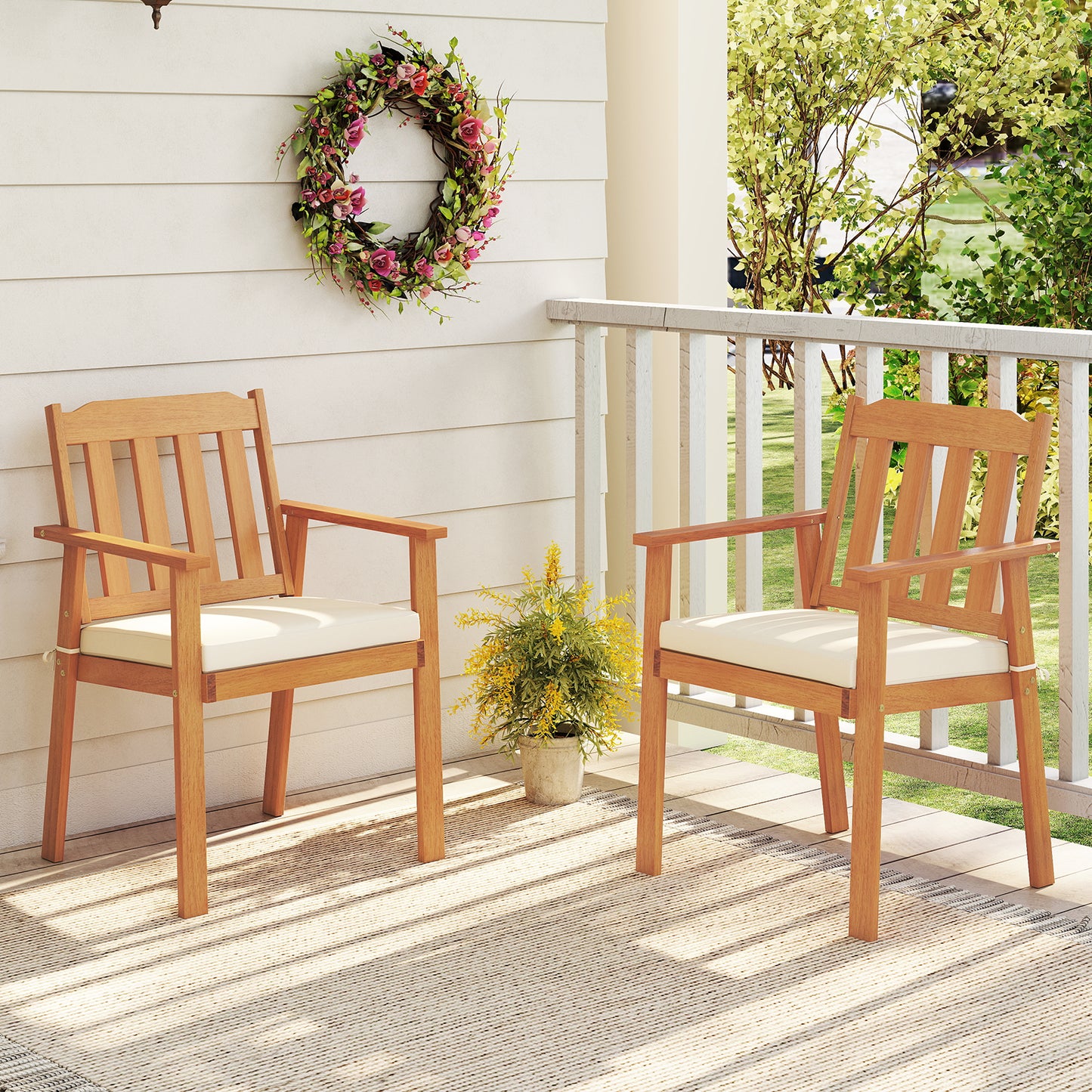 Acacia Wood Patio Dining Chairs Set of 2 with Cushions