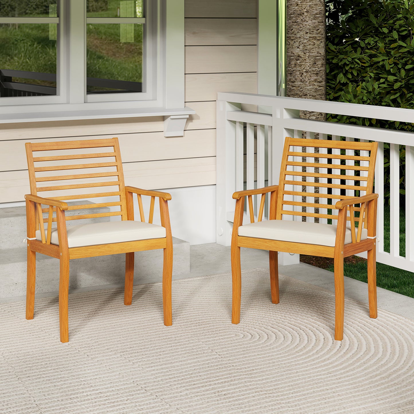 Acacia Wood Patio Dining Chairs Set of 2 with Cushions