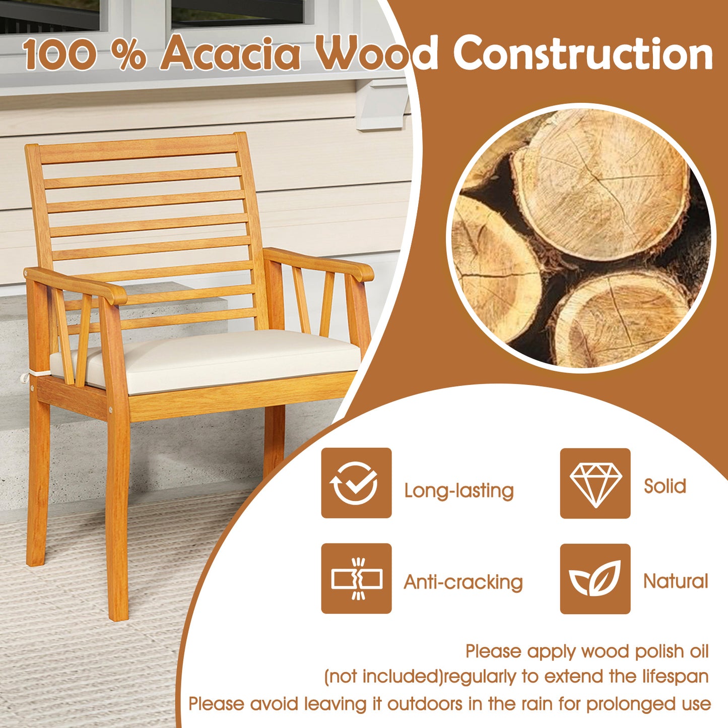 Acacia Wood Patio Dining Chairs Set of 2 with Cushions