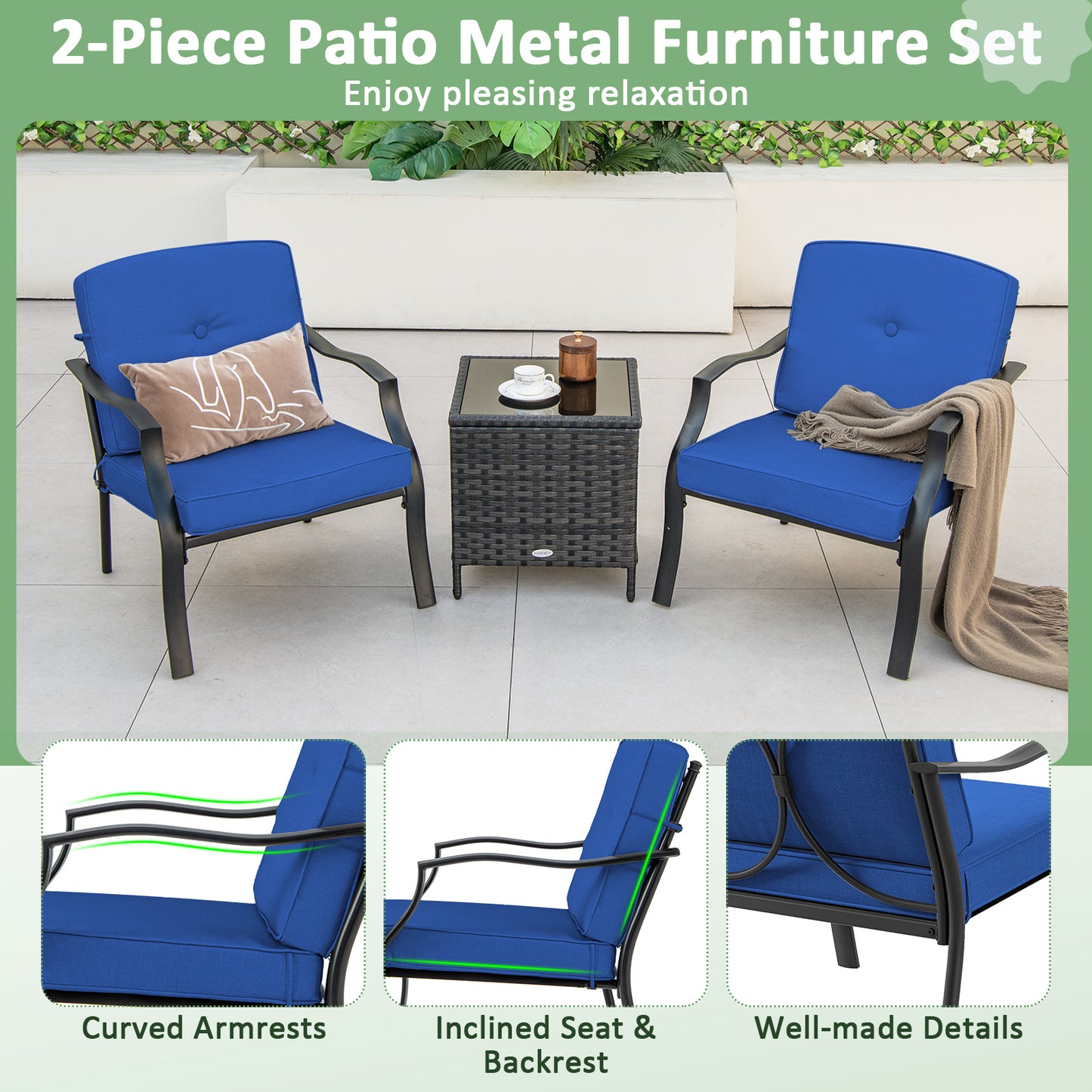Patio Metal Dining Chairs with Cushions, Set of 2