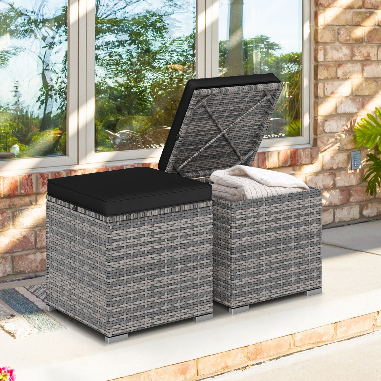 Patio Ottoman Set with Removable Cushions & Storage (2-Piece)