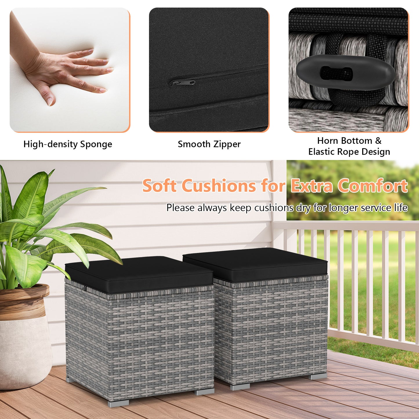 Patio Ottoman Set with Removable Cushions & Storage (2-Piece)