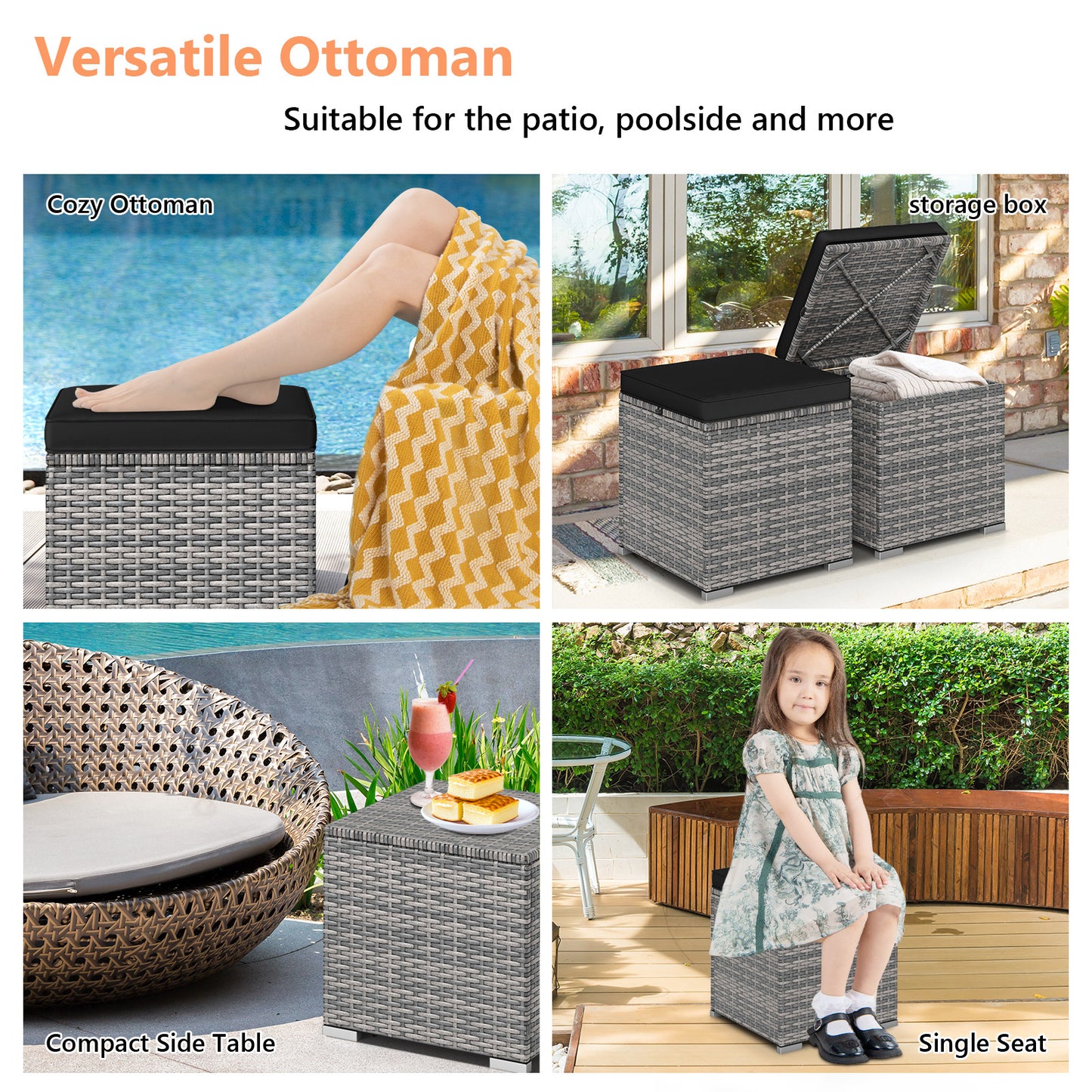 Patio Ottoman Set with Removable Cushions & Storage (2-Piece)