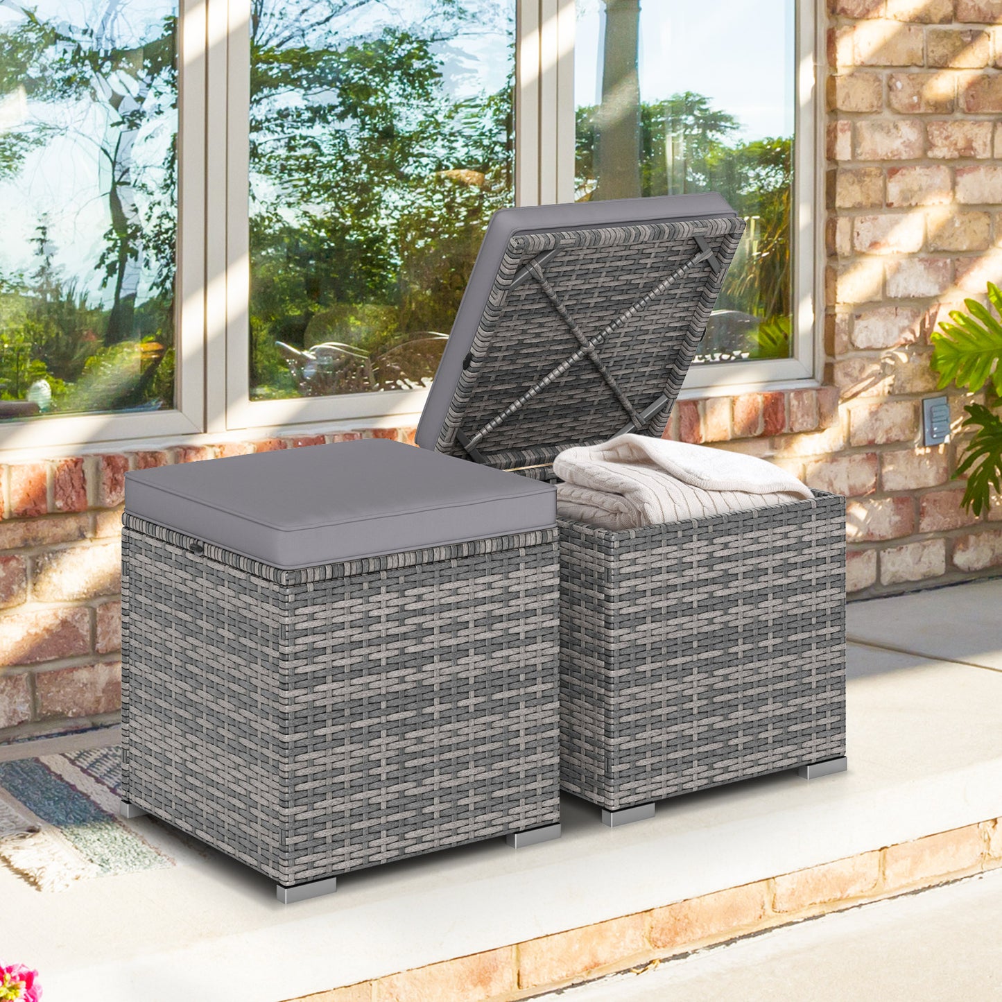 Patio Ottoman Set with Removable Cushions & Storage (2-Piece)