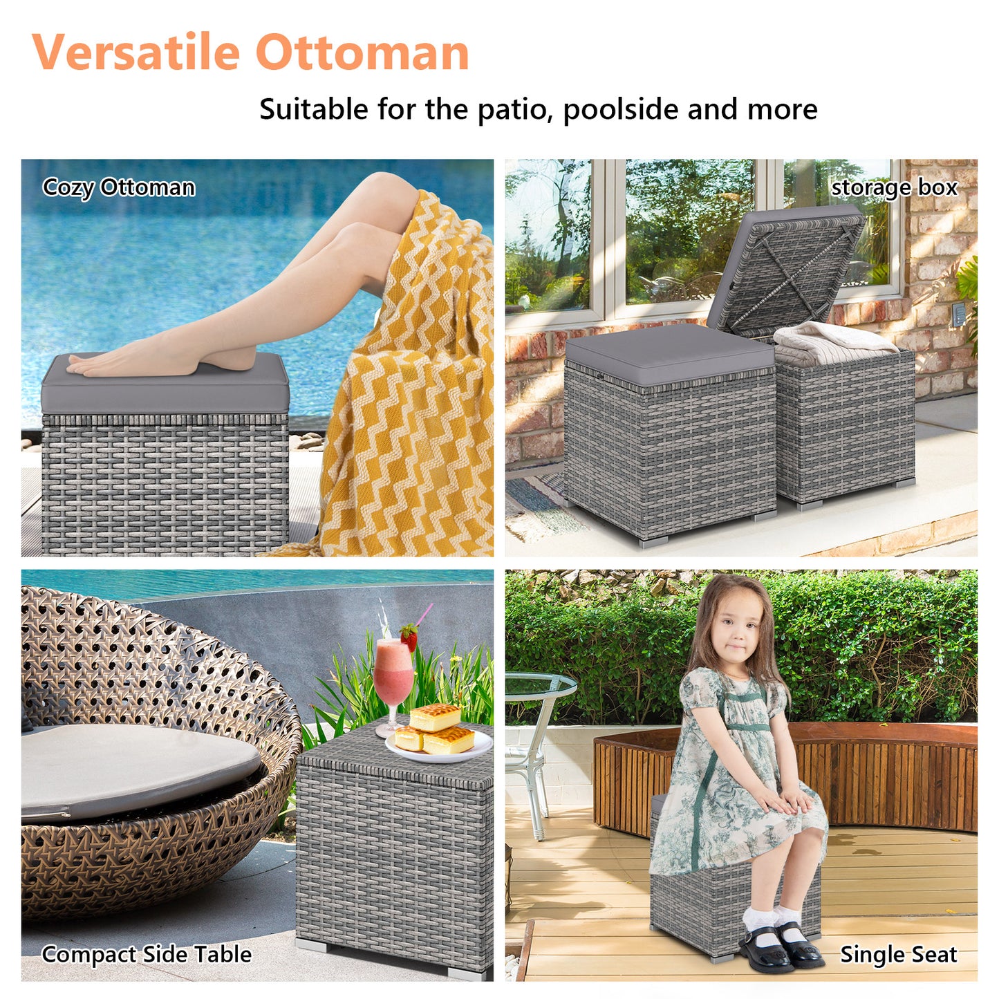 Patio Ottoman Set with Removable Cushions & Storage (2-Piece)