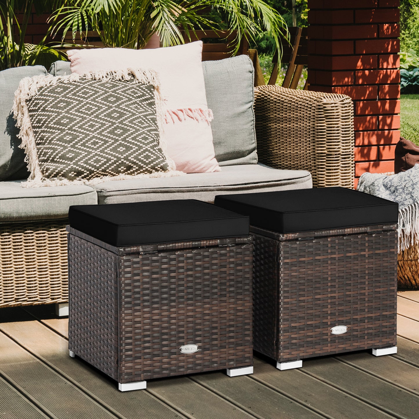 Patio Ottoman Set with Removable Cushions & Storage (2-Piece)