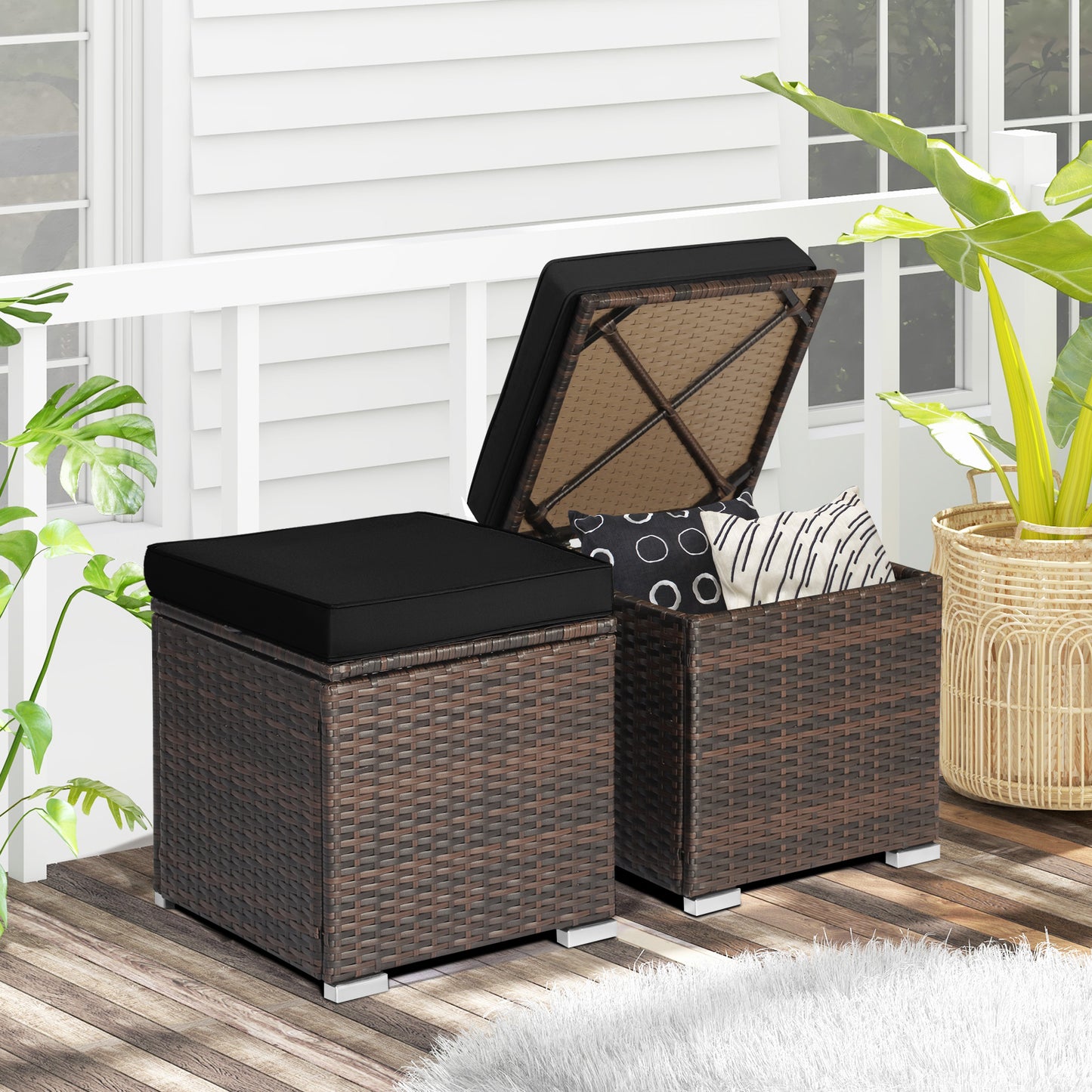 Patio Ottoman Set with Removable Cushions & Storage (2-Piece)