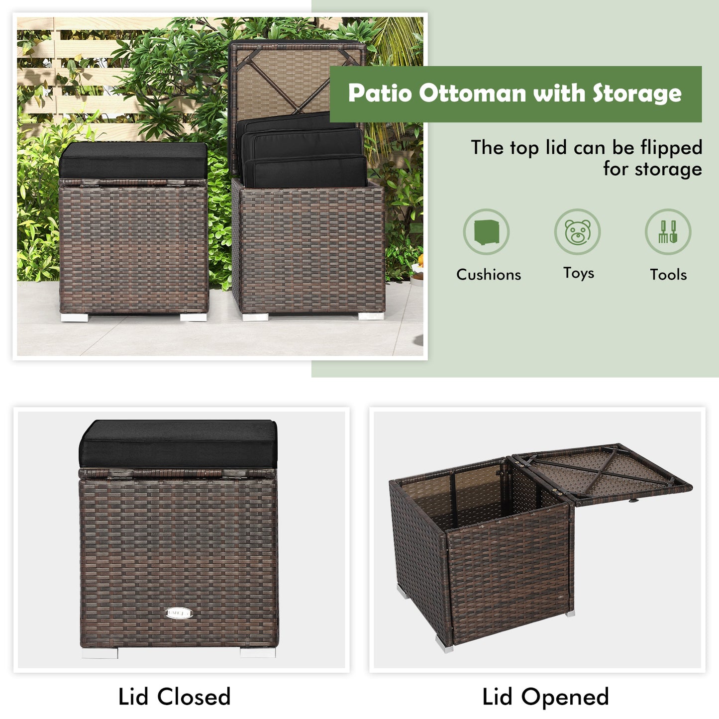Patio Ottoman Set with Removable Cushions & Storage (2-Piece)