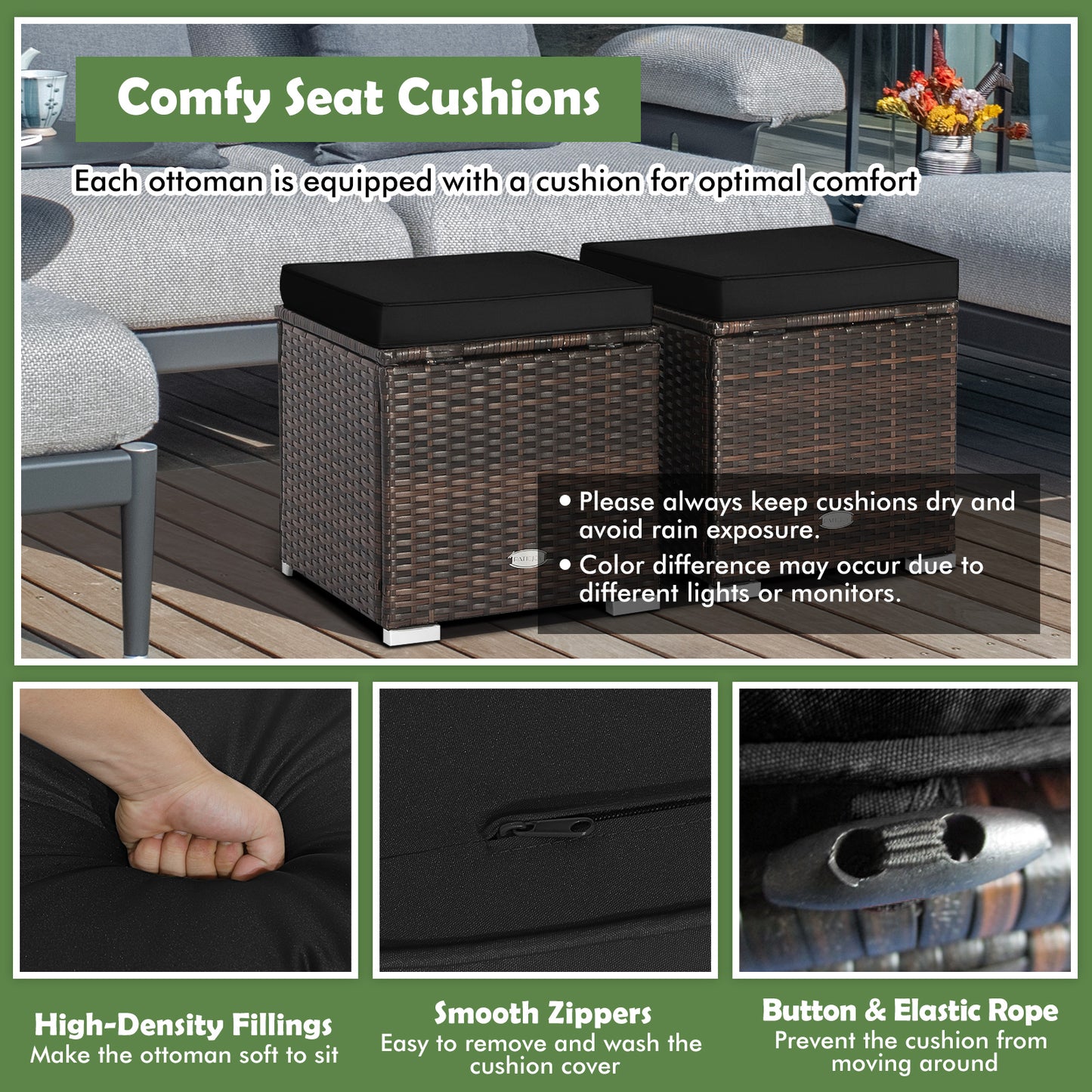 Patio Ottoman Set with Removable Cushions & Storage (2-Piece)