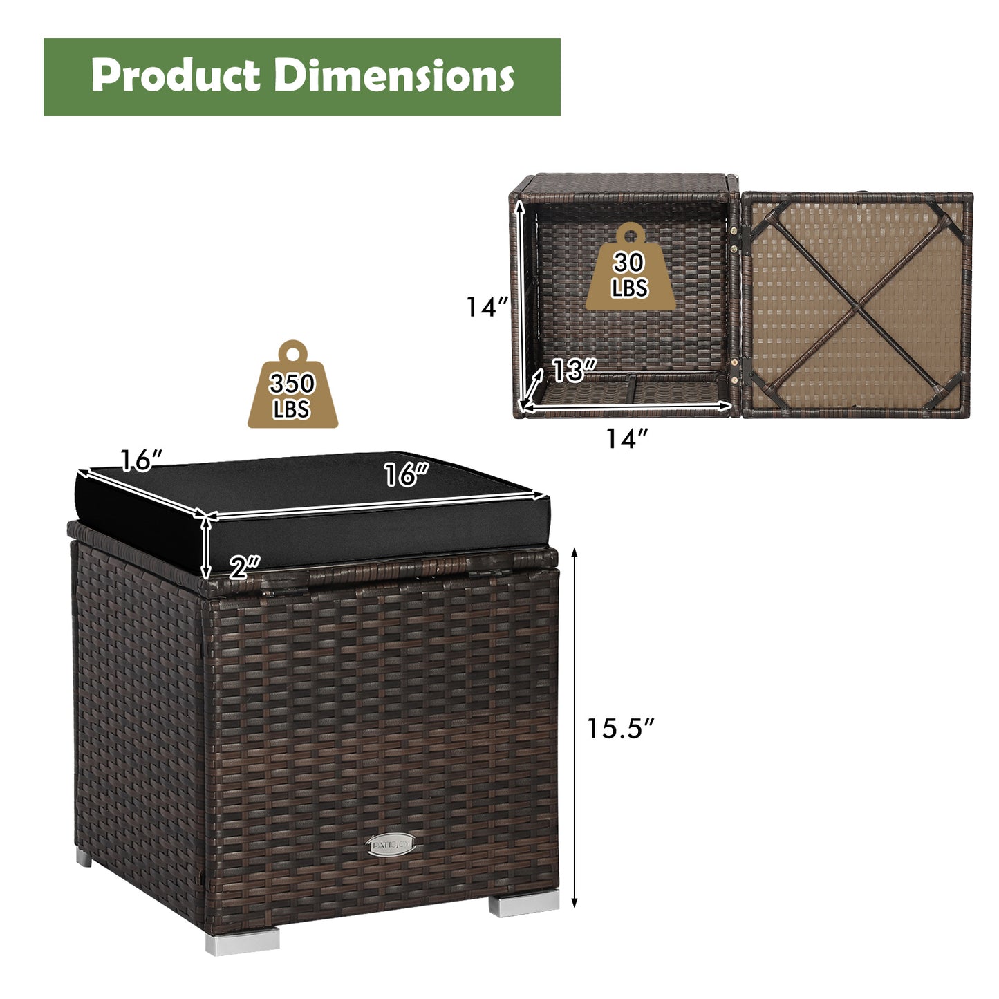 Patio Ottoman Set with Removable Cushions & Storage (2-Piece)