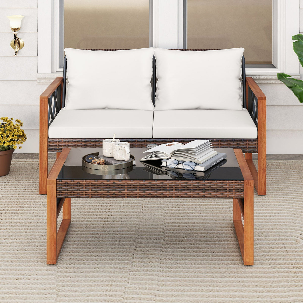 2 Pieces Patio PE Wicker Furniture Set Outside Conversation Set for Porch-White
