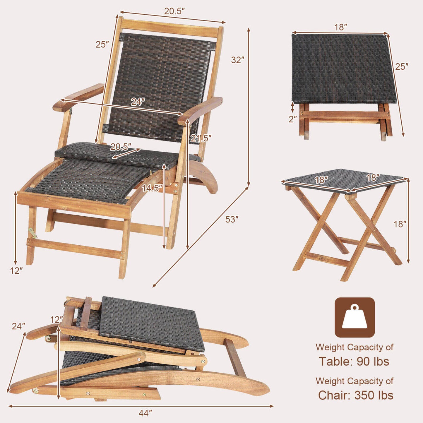 Folding Rattan Lounge Chair Set with Acacia Wood Side Table
