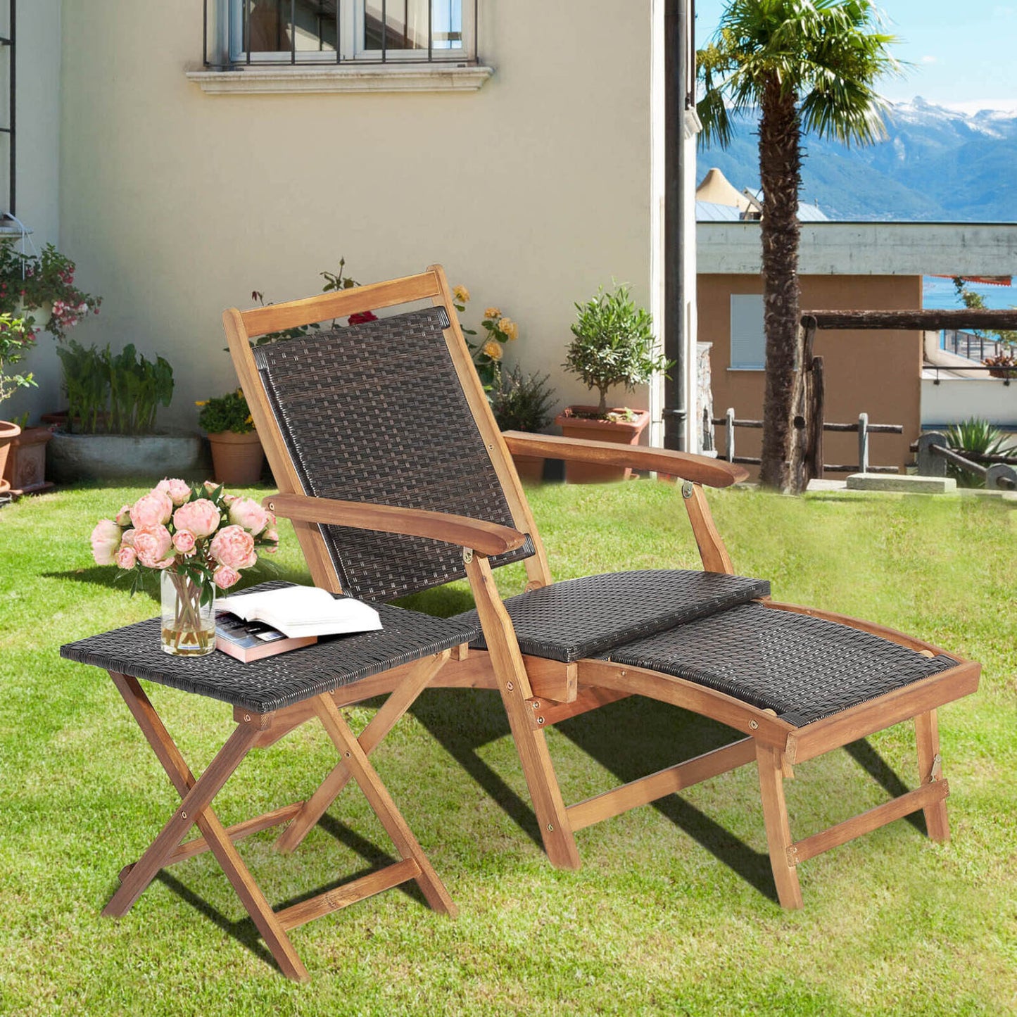 Folding Rattan Lounge Chair Set with Acacia Wood Side Table