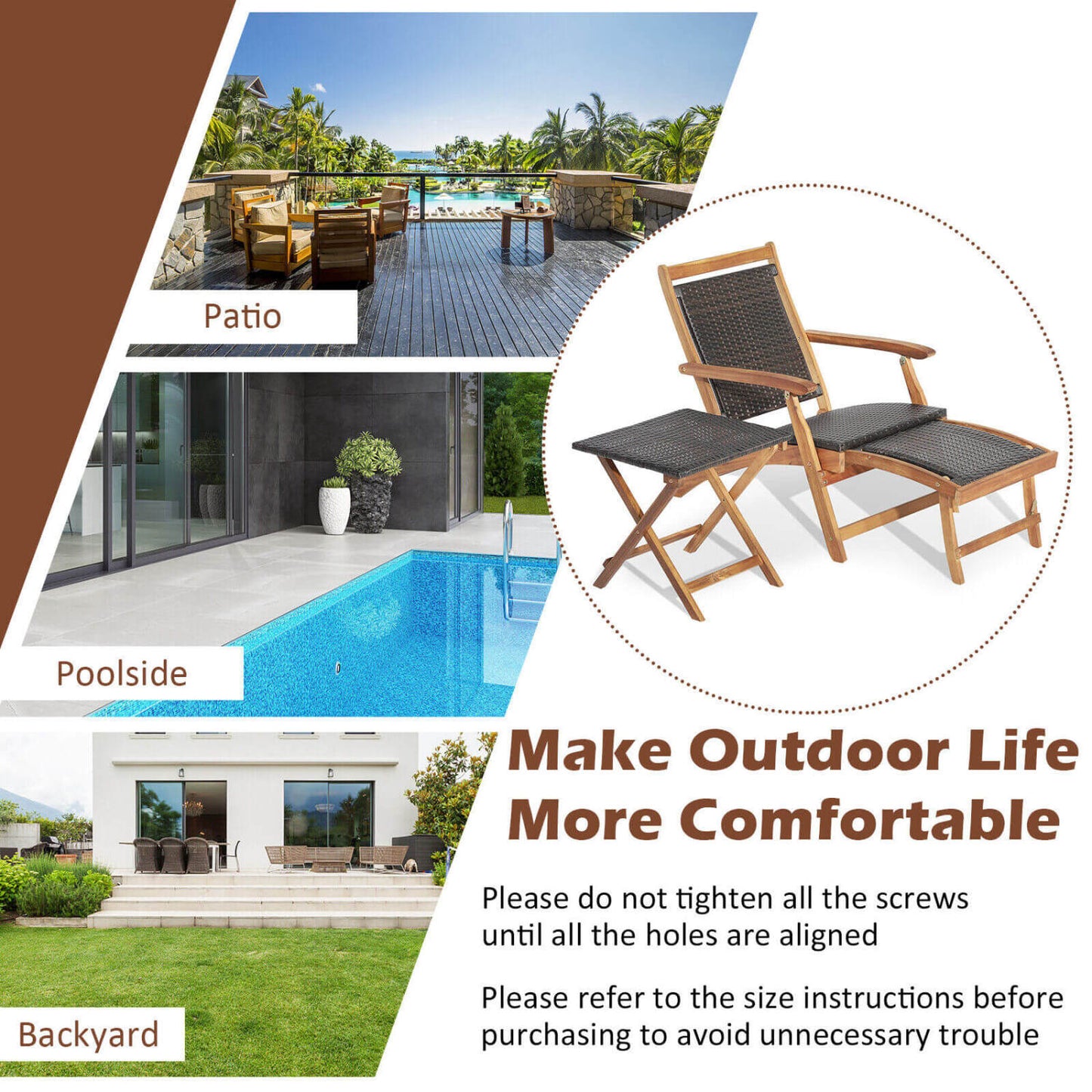 Folding Rattan Lounge Chair Set with Acacia Wood Side Table
