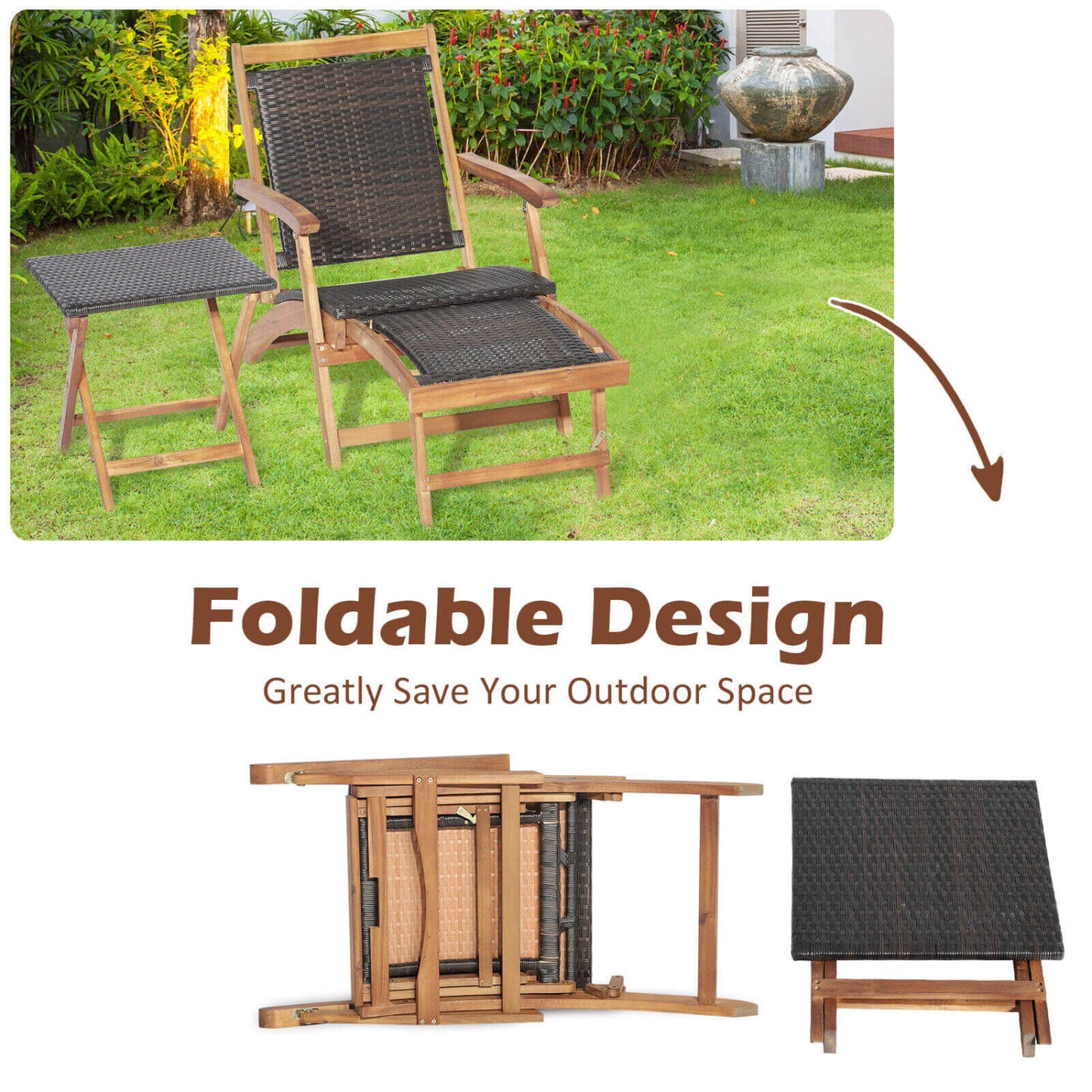 Folding Rattan Lounge Chair Set with Acacia Wood Side Table