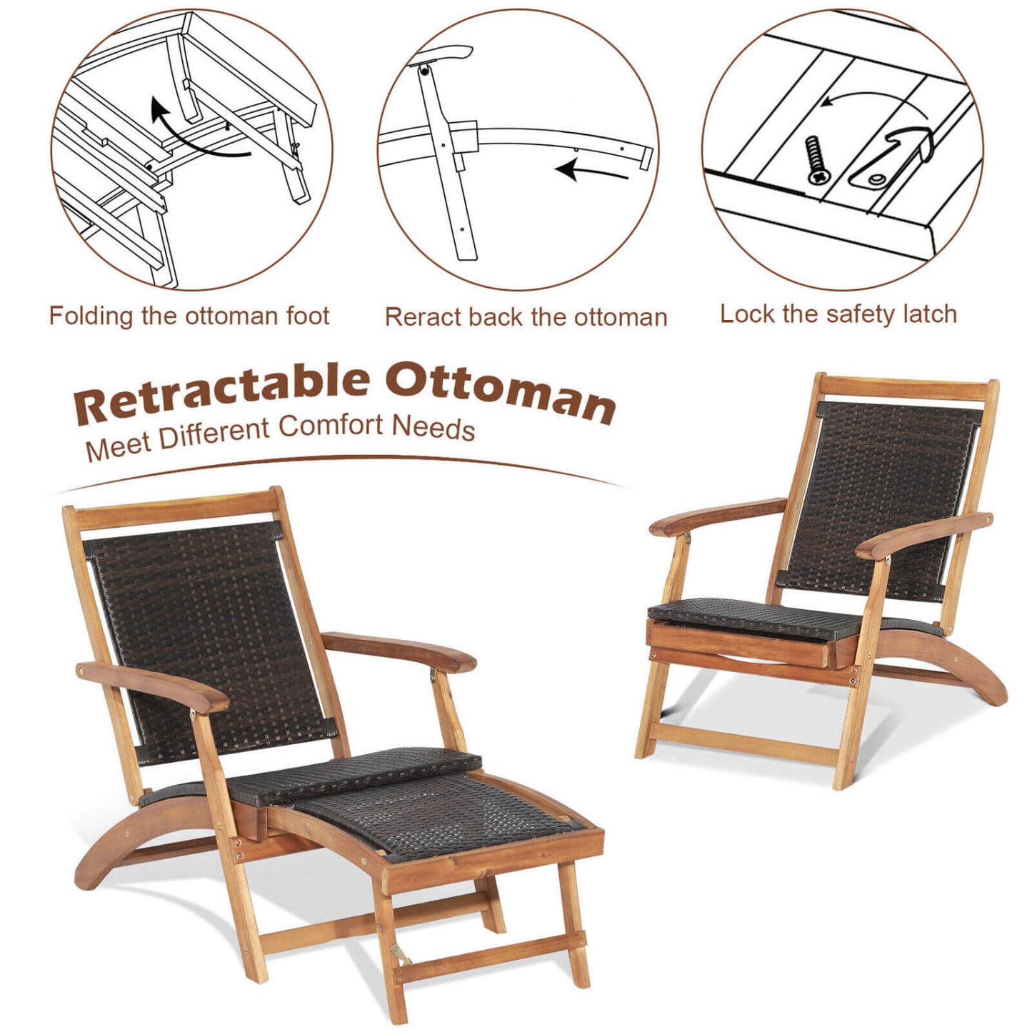 Folding Rattan Lounge Chair Set with Acacia Wood Side Table