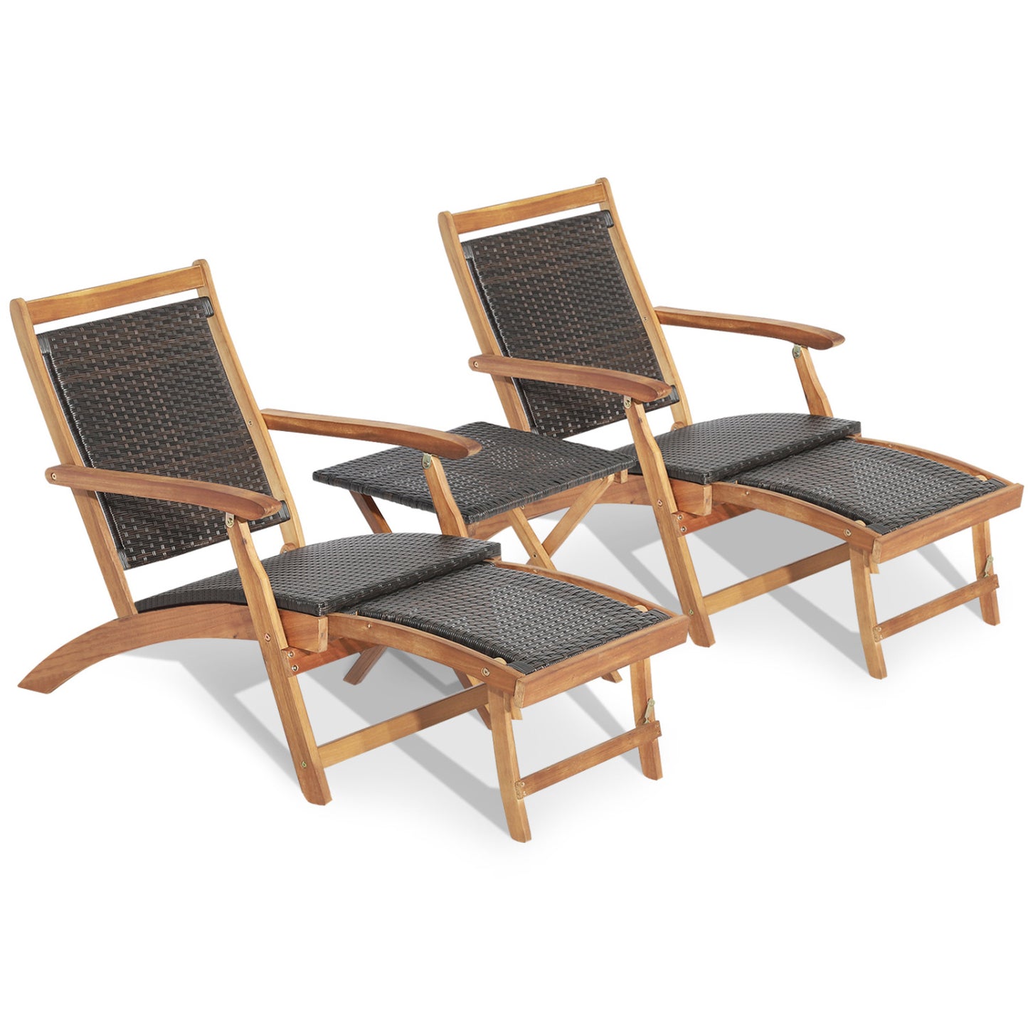 Folding Rattan Lounge Chair Set with Acacia Wood Side Table