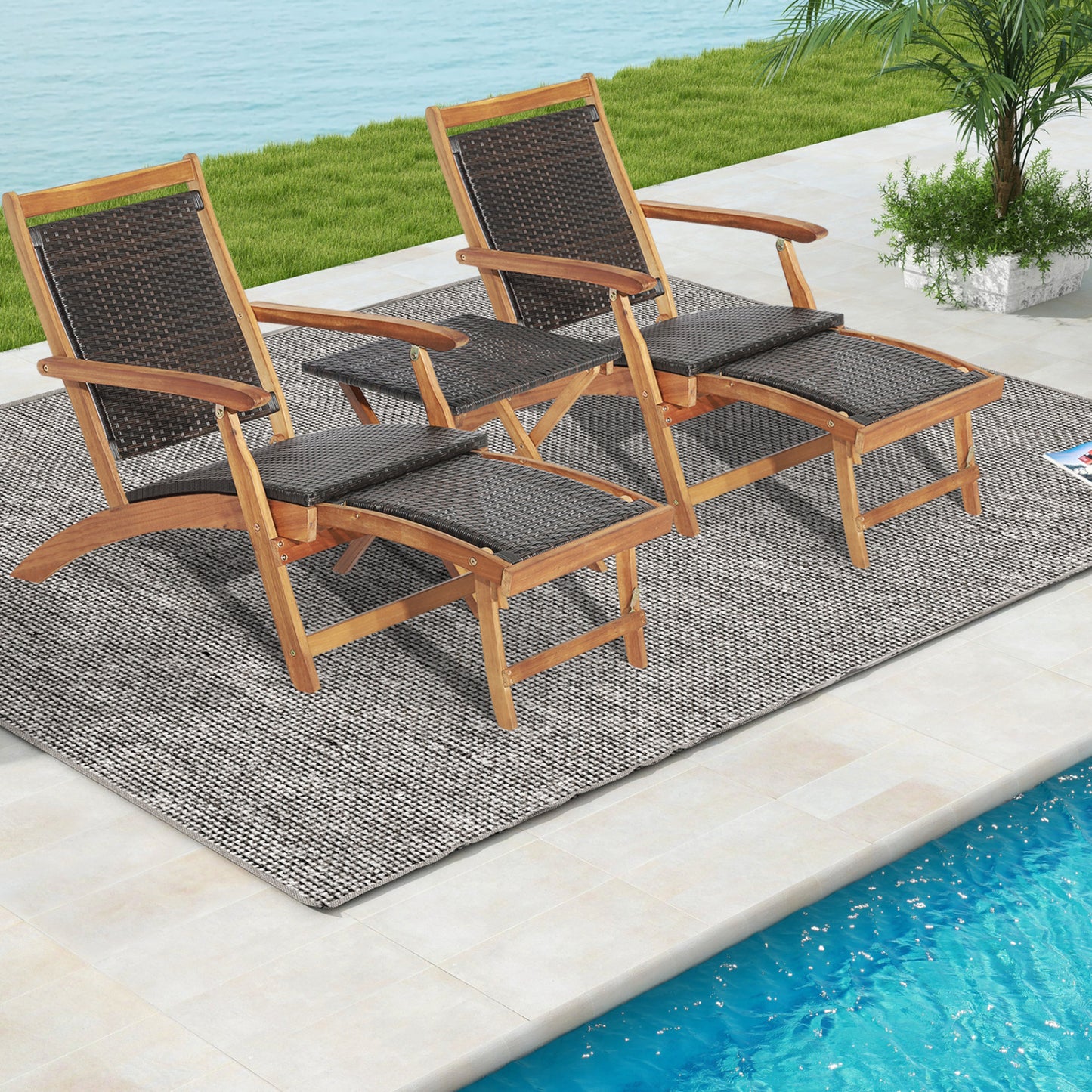Folding Rattan Lounge Chair Set with Acacia Wood Side Table