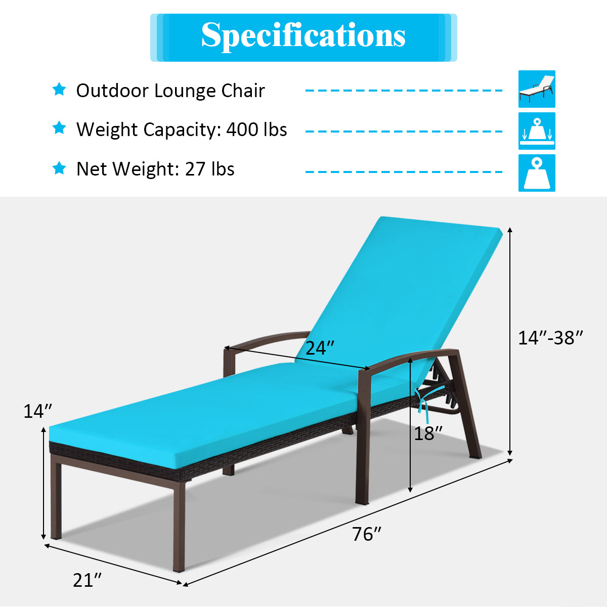 Adjustable Patio Chaise Lounge Chair Set with Cushions
