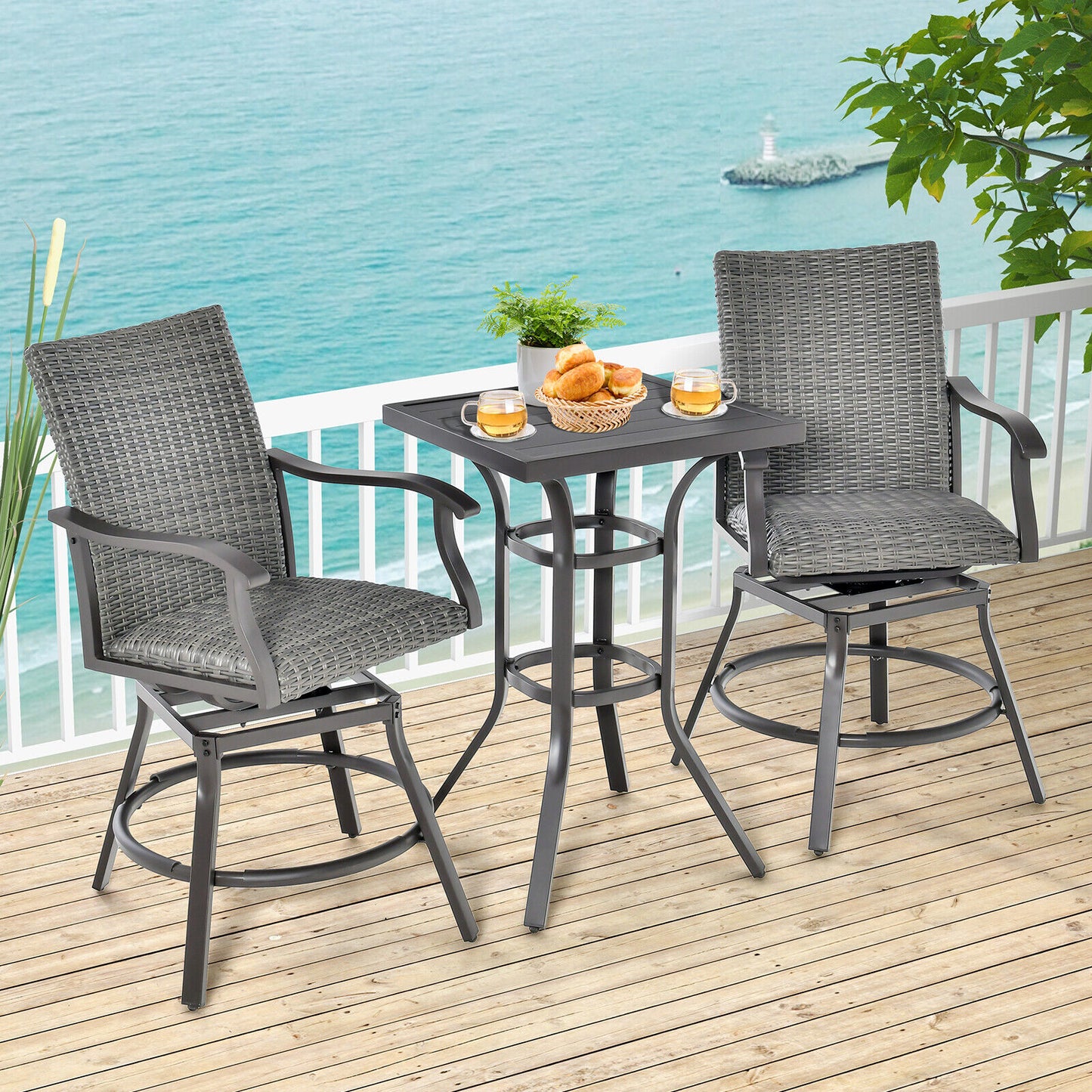 Swivel Patio Bar Chairs Set of 2 with Quick Dry Cushions