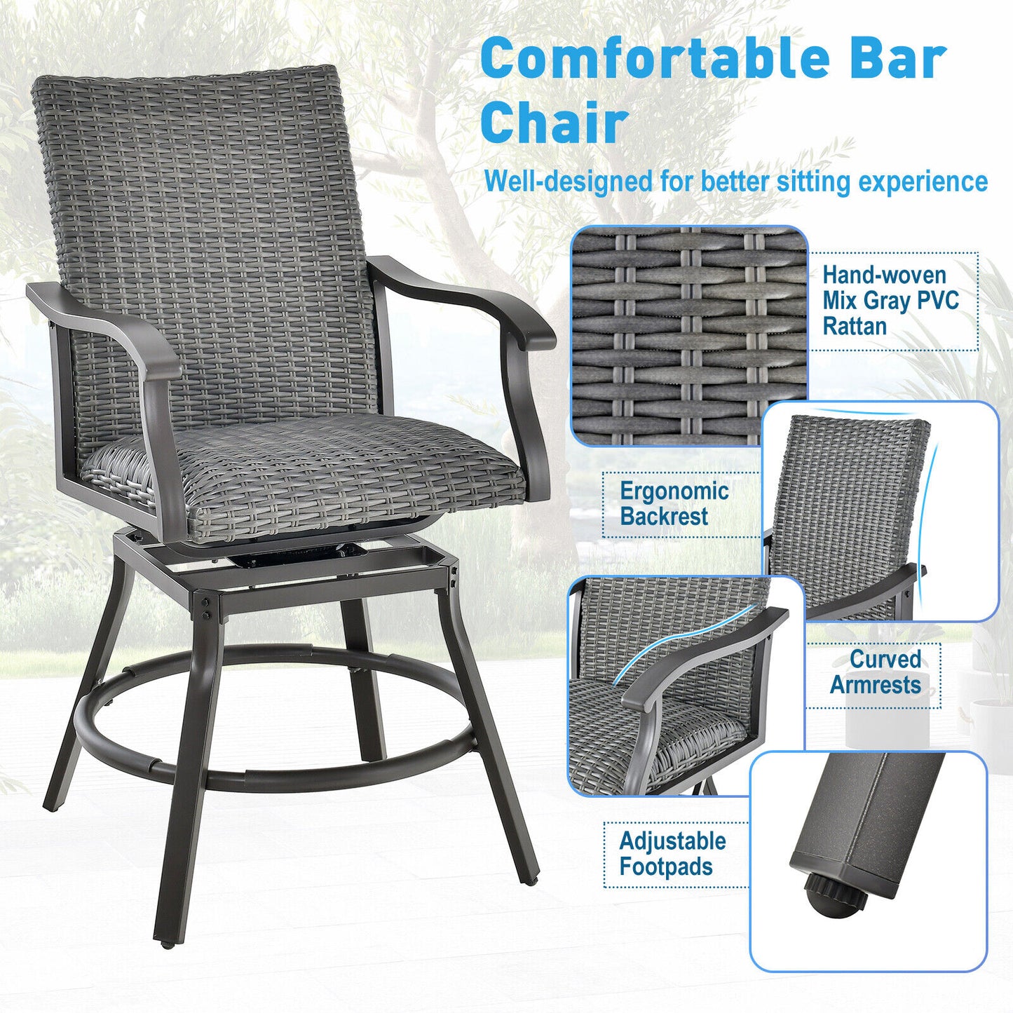 Swivel Patio Bar Chairs Set of 2 with Quick Dry Cushions