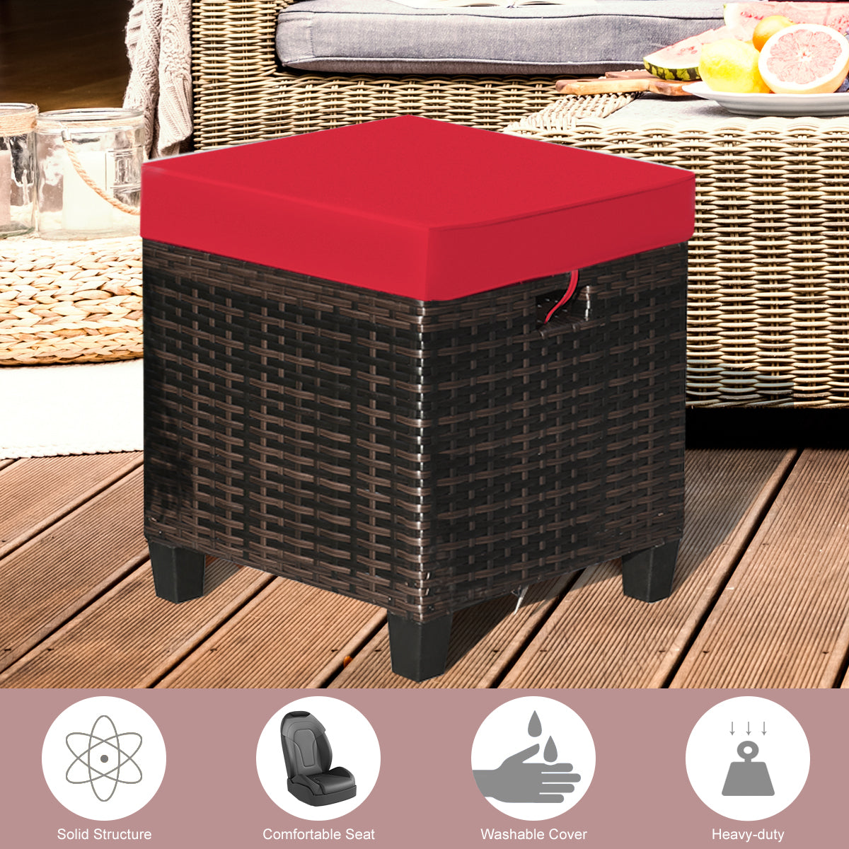 Patio Rattan Ottoman Set with Removable Cushions (2-Piece)