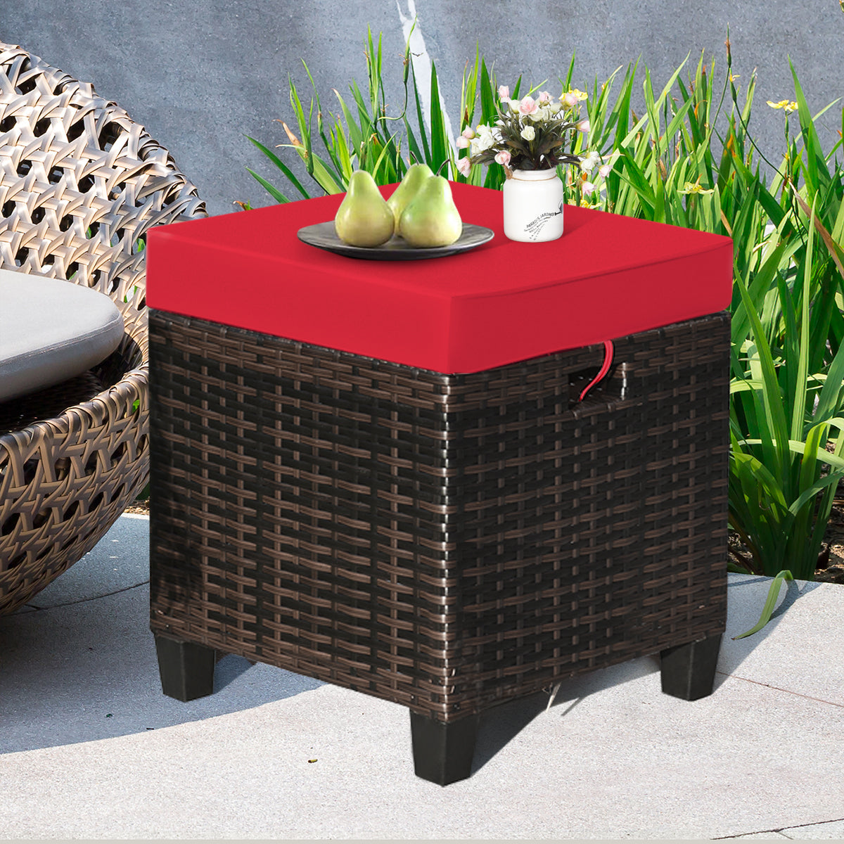 Patio Rattan Ottoman Set with Removable Cushions (2-Piece)
