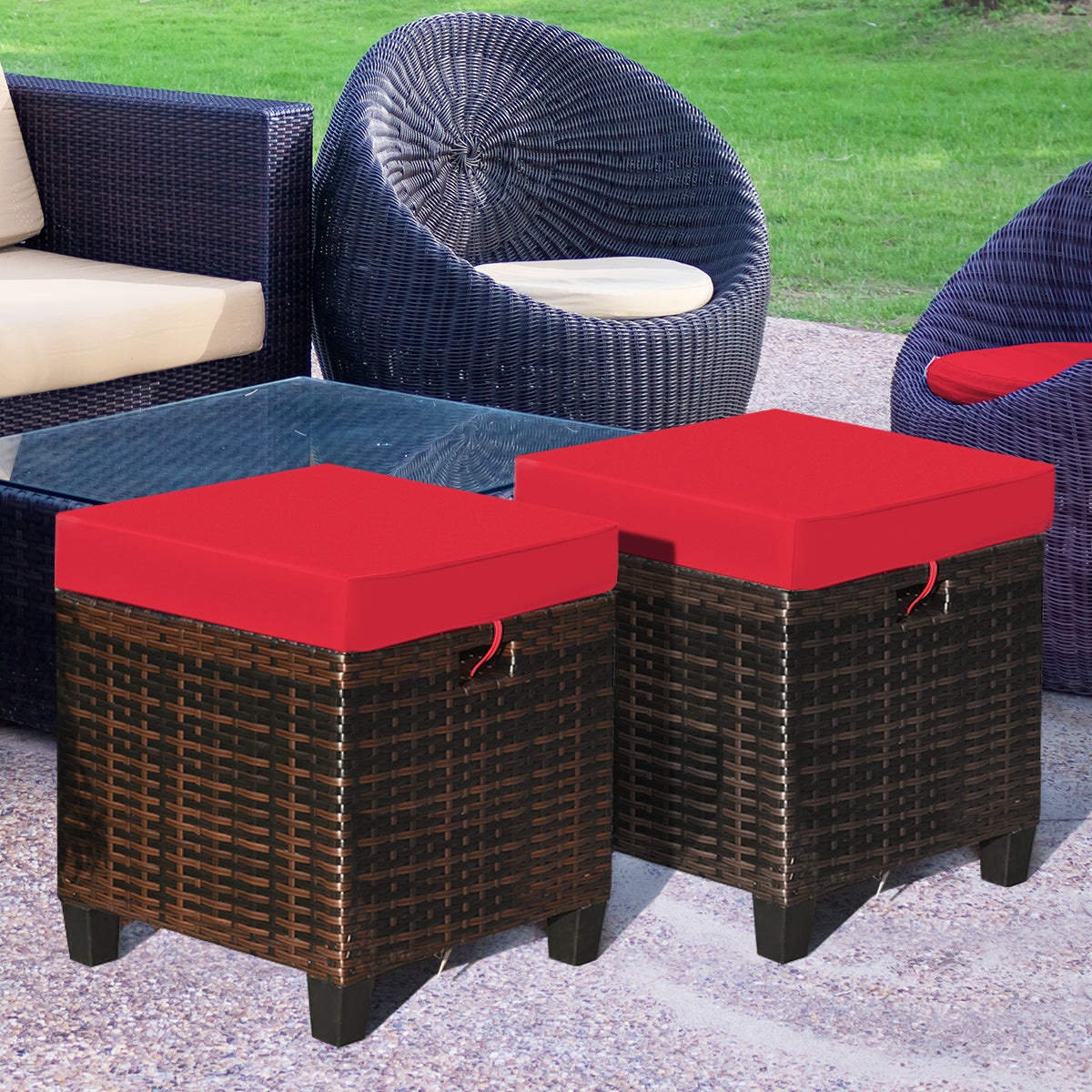 Patio Rattan Ottoman Set with Removable Cushions (2-Piece)