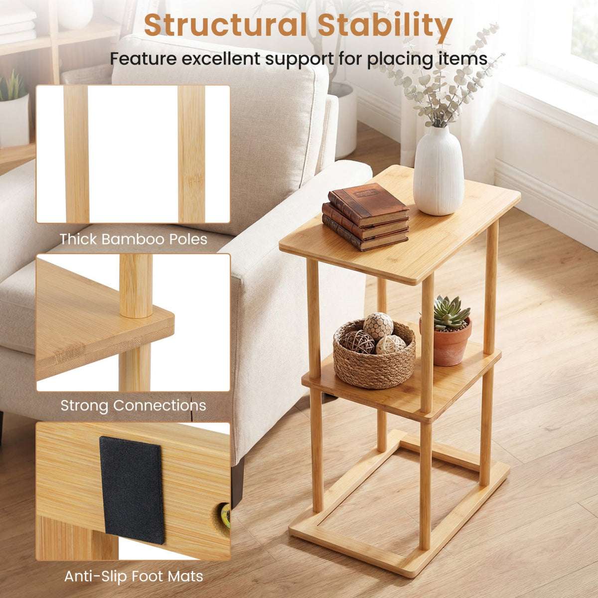 2 Pieces Side Table with Storage Shelves and Bamboo Construction-Natural