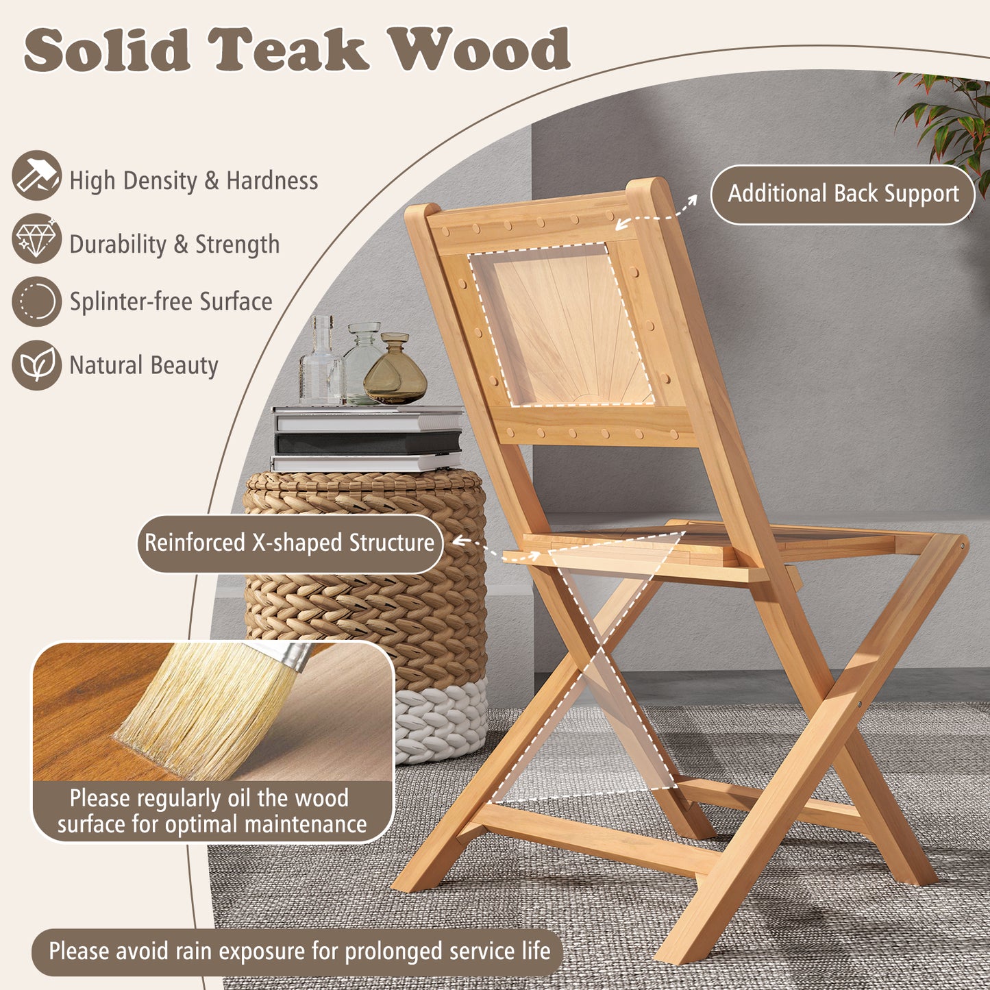 Teak Wood Folding Outdoor Dining Chairs Set of 2