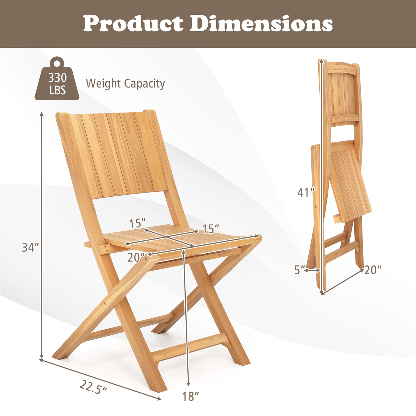 Teak Wood Folding Outdoor Dining Chairs Set of 2