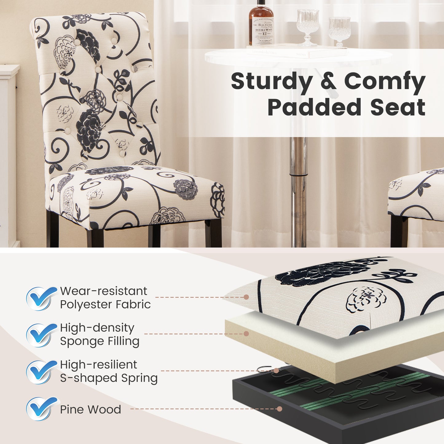 Tufted Dining Chairs Set of 2 with Adjustable Foot Pads