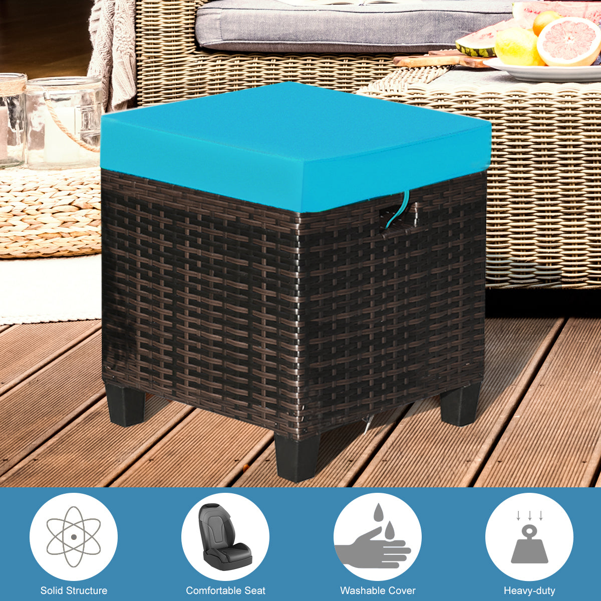 Patio Rattan Ottoman Set with Removable Cushions (2-Piece)
