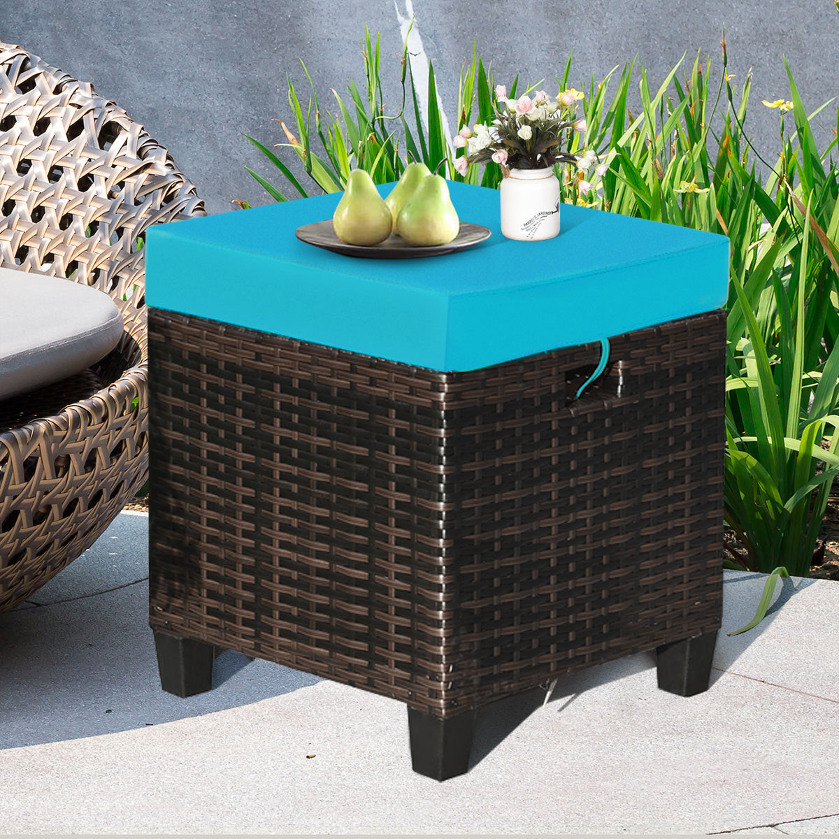 Patio Rattan Ottoman Set with Removable Cushions (2-Piece)