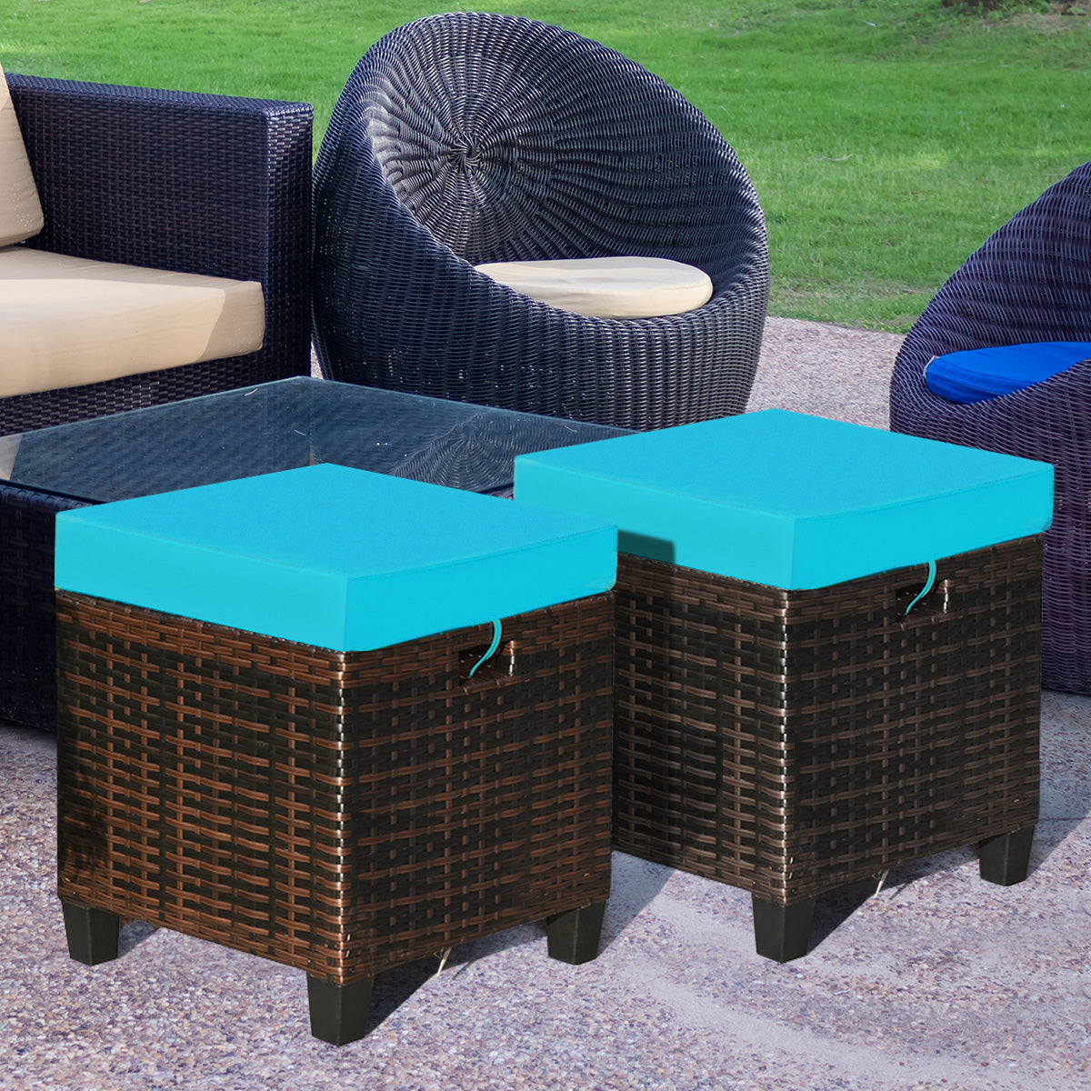 Patio Rattan Ottoman Set with Removable Cushions (2-Piece)