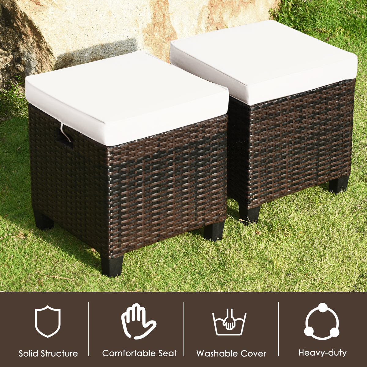 Patio Rattan Ottoman Set with Removable Cushions (2-Piece)