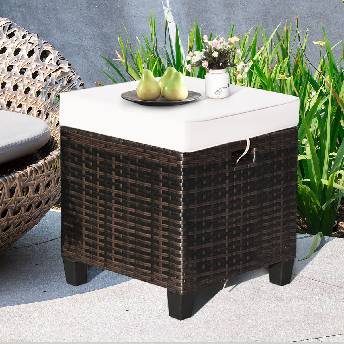 Patio Rattan Ottoman Set with Removable Cushions (2-Piece)