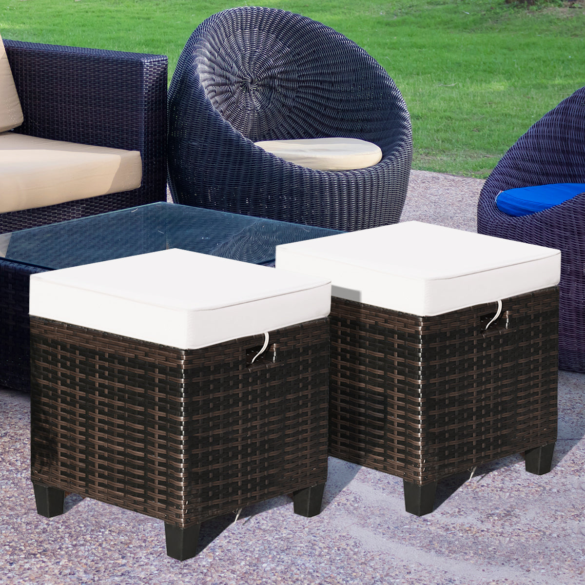 Patio Rattan Ottoman Set with Removable Cushions (2-Piece)