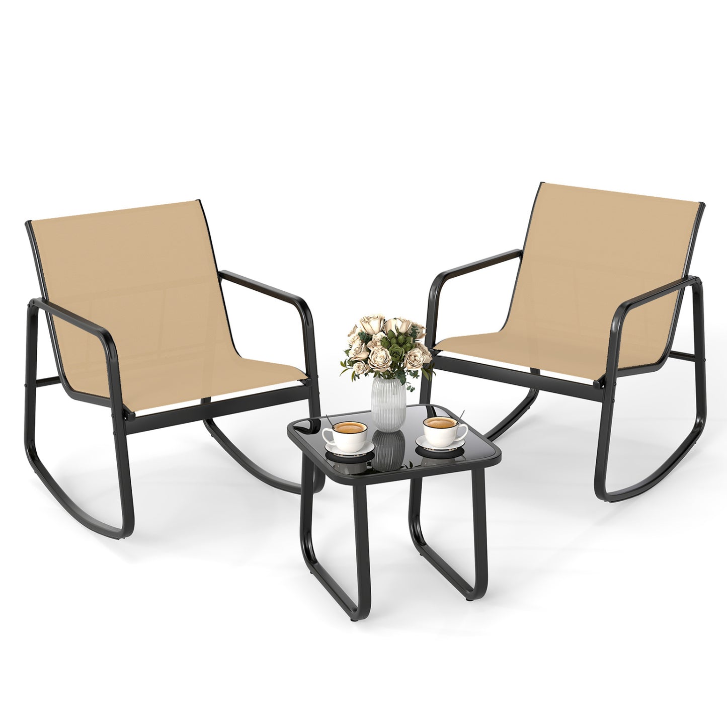 Rocking Bistro Set with Glass Table - 2 Chairs & Side Table