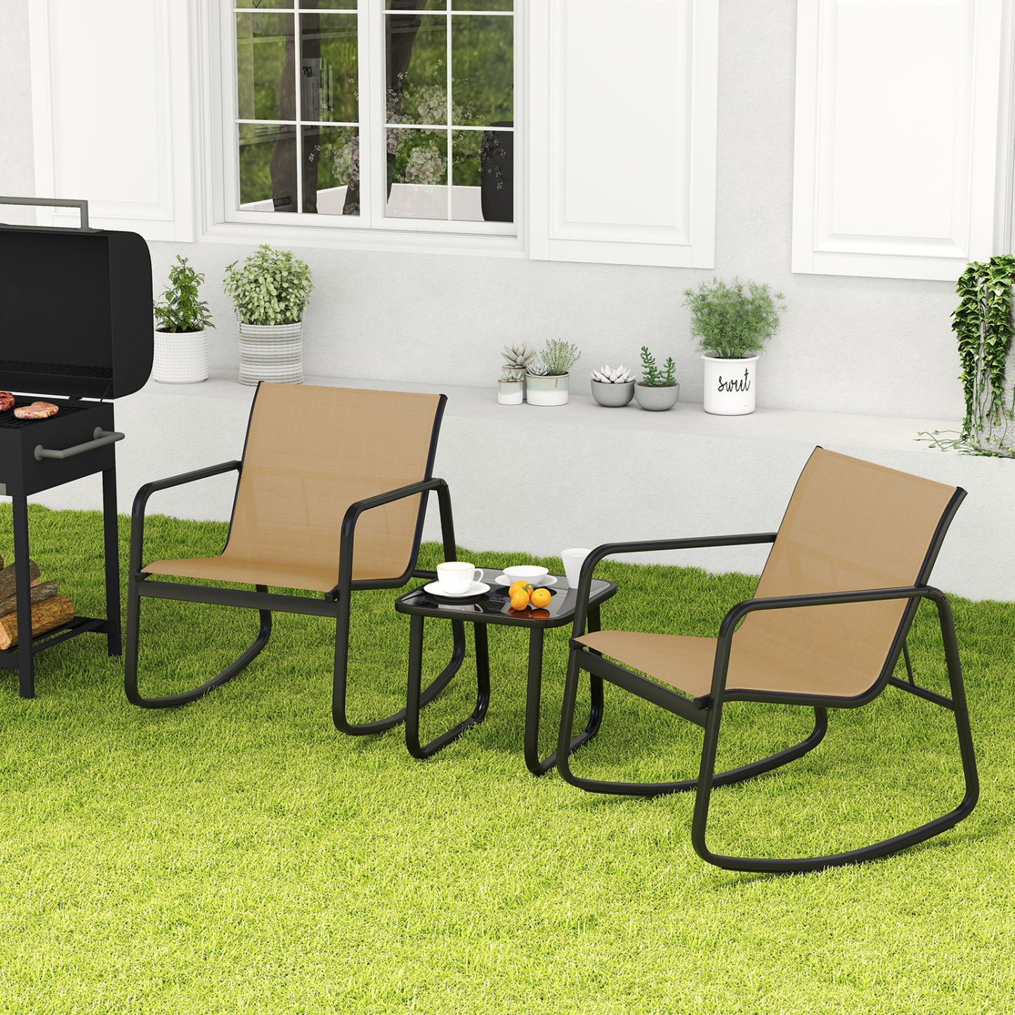 Rocking Bistro Set with Glass Table - 2 Chairs & Side Table