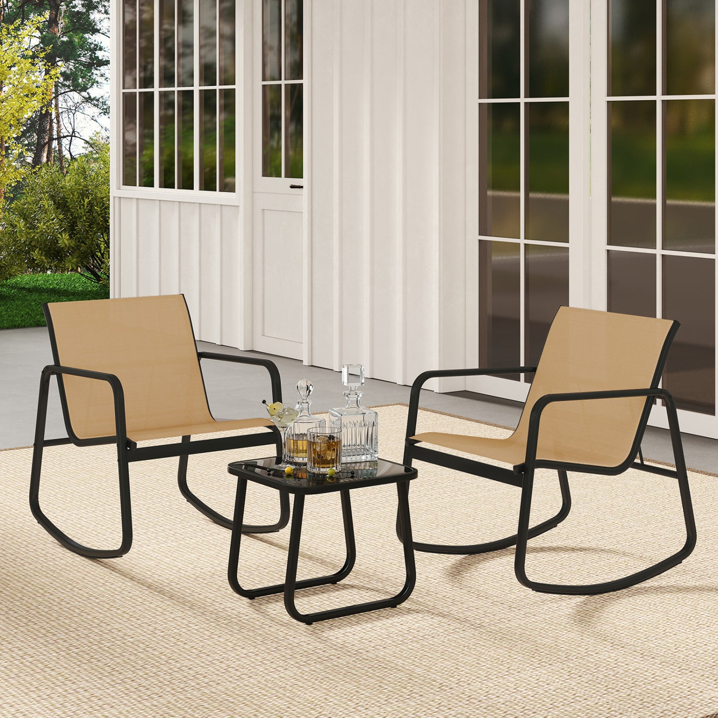 Rocking Bistro Set with Glass Table - 2 Chairs & Side Table
