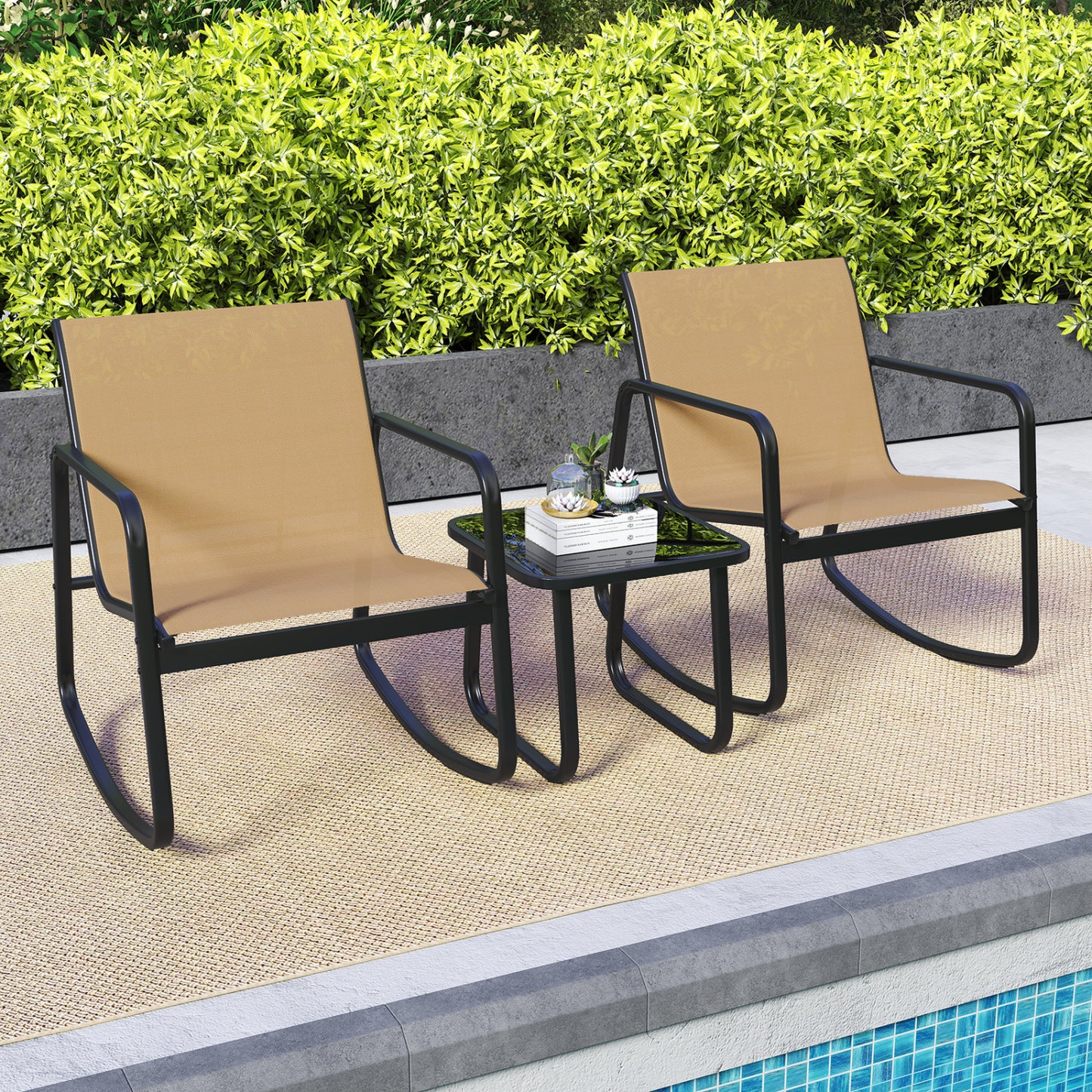 Rocking Bistro Set with Glass Table - 2 Chairs & Side Table